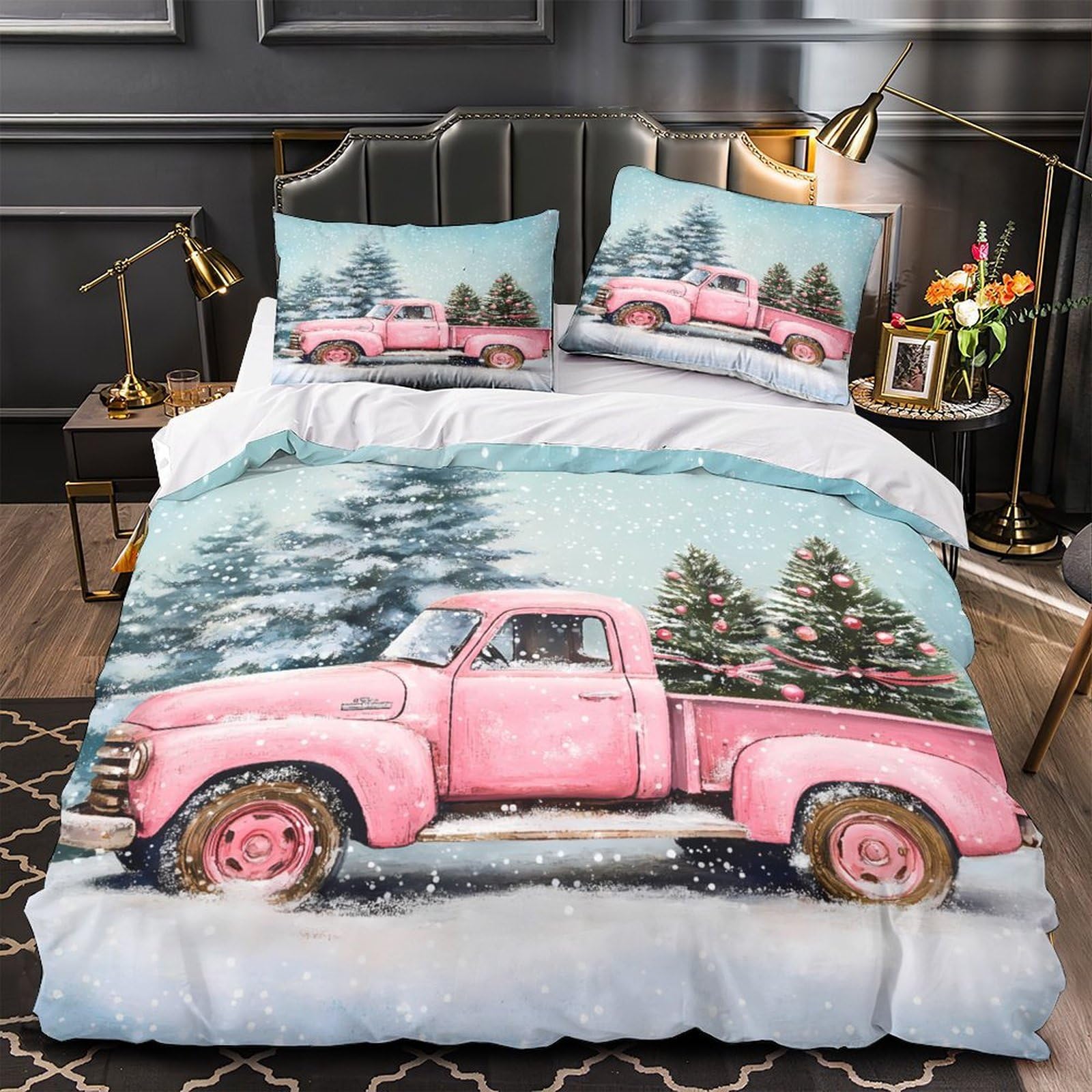 Housse de couette microfibre inaltérable rose imprimé 3D haute définition 220x240