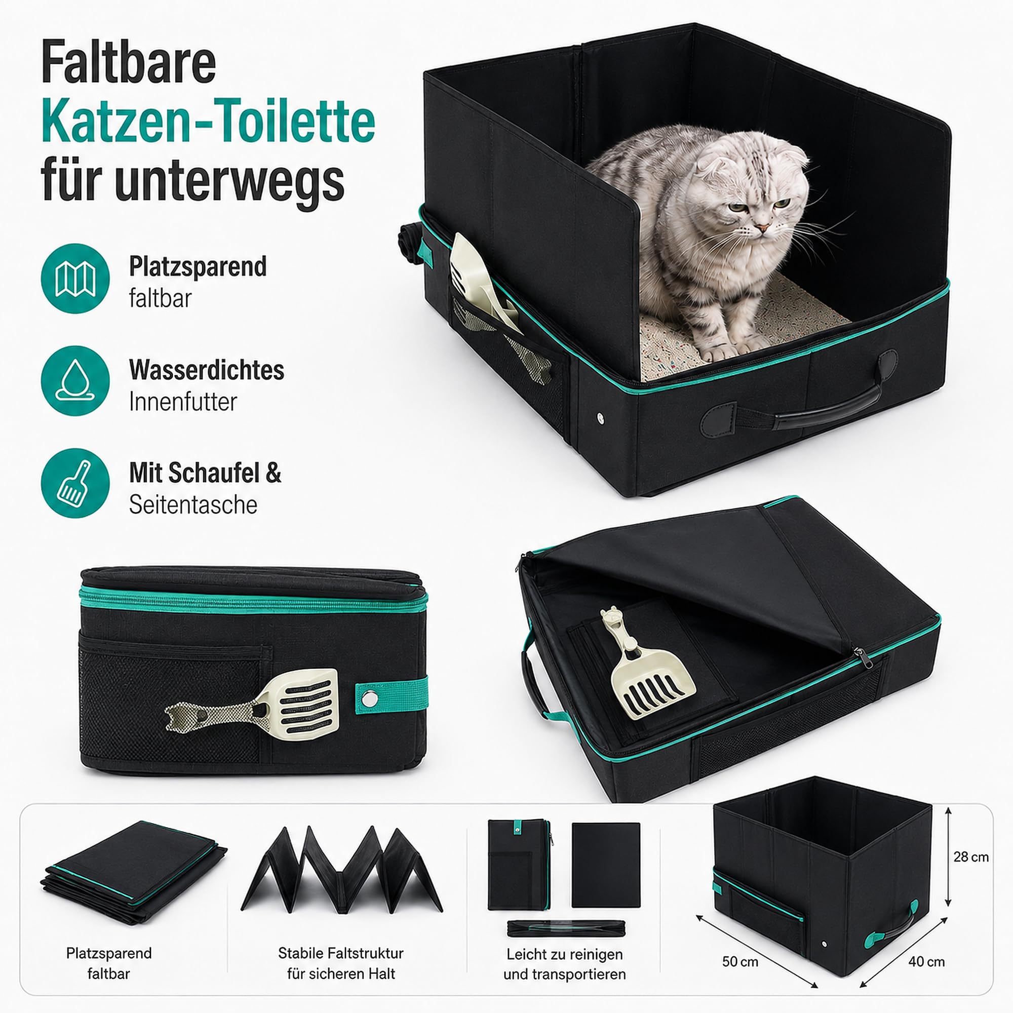 Lettiera pieghevole per gatti, edizione da viaggio, 50 x 40 x 28 cm: lettiera portatile per gatti con coperchio con cerniera, leggera, impermeabile, da viaggio, sonora, accessorio per auto e campeggio