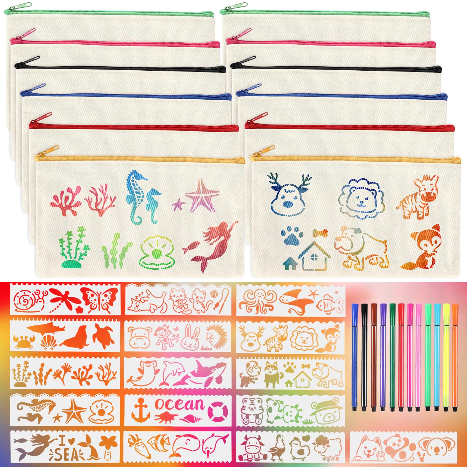 12 Pièces DIY Vierge Pochette Tissu, Pochette Tissu Zippée, Trousses en toile à peindre,12 pinceaux colorés, 16 modèles de peinture, 12 x 21cm,pour Voyage Activités en Classe, cadeaux pour enfants