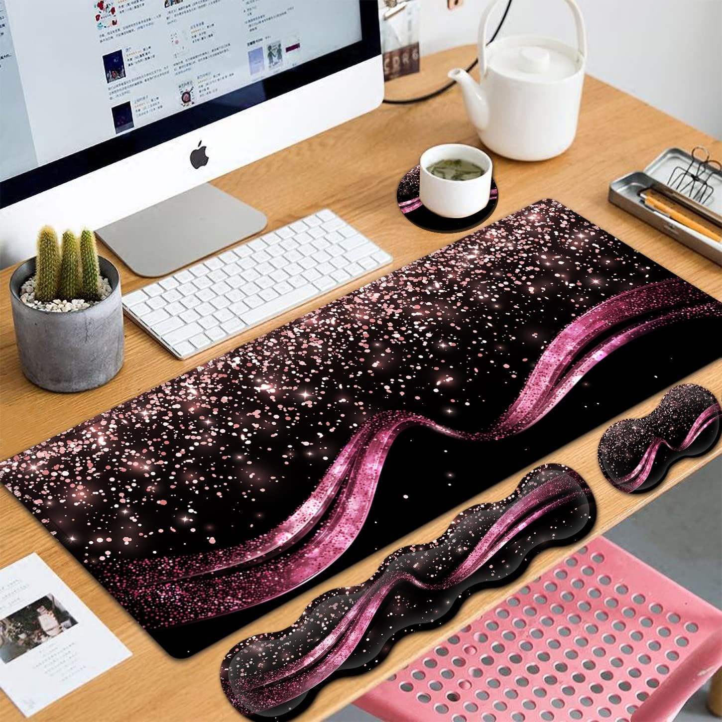 Extended Gaming Mouse Pad 31.5x11.8 Big Desk Mat, Ergonomic Memory Foam Keyboard Wrist Rest Support, for Home Laptop Working Office Desk Pad with Non-Slip Base,Rose Gold Sparkle Large Mouse Pad