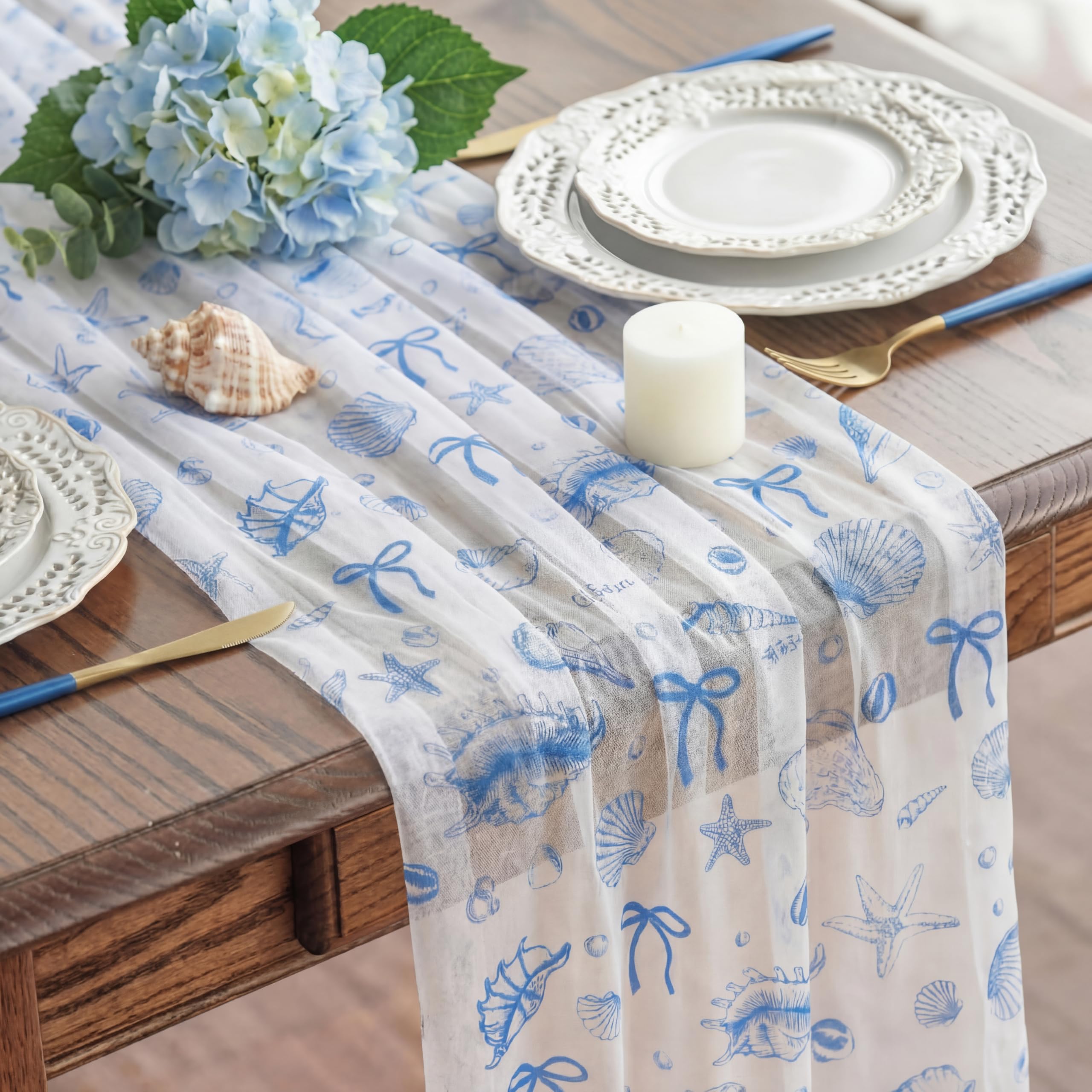 Photo 1 of Batiyeer 9.8 ft Blue Starfish Beach Tulle Table Runner, 118 Inch x 28 Inch Summer Decor Coastal Bow Seashell Party Decor for Kitchen Dining Coffee Table Holiday Party Decorations