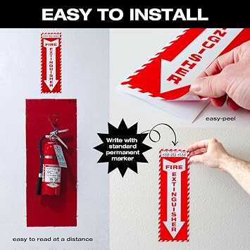 Fire Extinguisher Sign, Down Arrow Stickers, Pack of 10 (4 x 12), Red and White Design Includes Space for Local Fire Department Phone Number