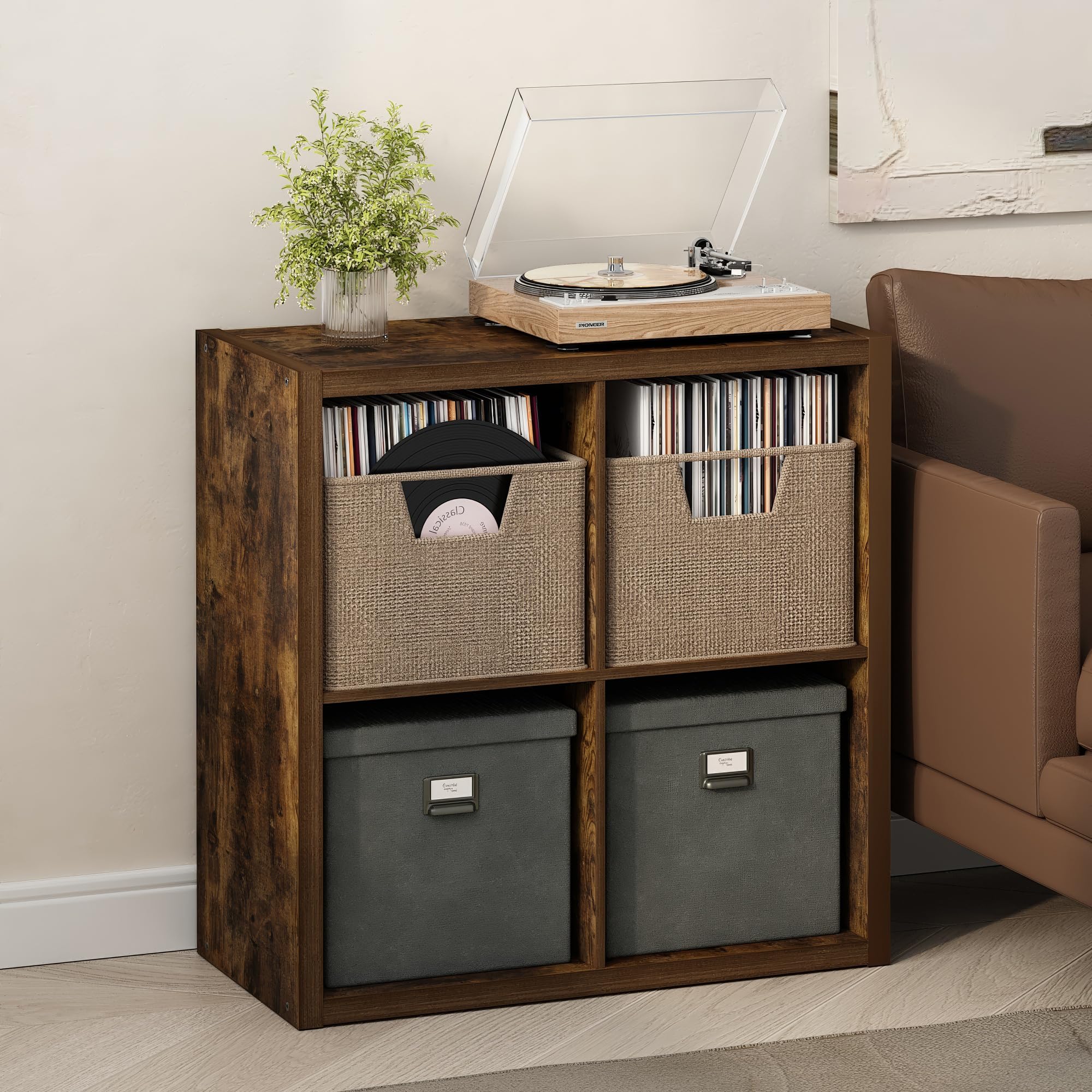 Furinno Cubicle Record Player Stand, 4-Cube Record Storage, Amber Pine