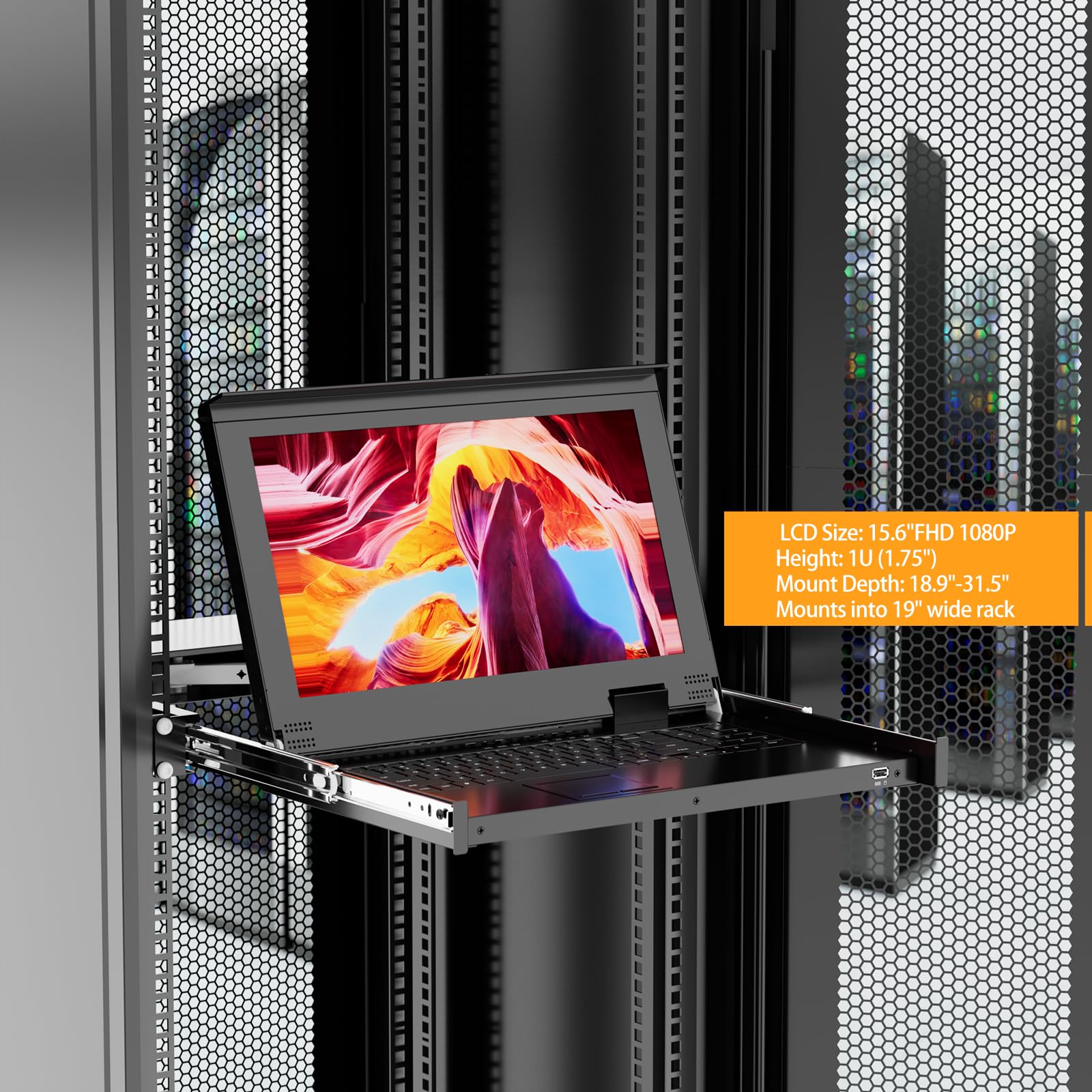 KVM monté en rack avec écran LCD 15,6", commutateur KVM Arvitek 8 ports VGA avec poignée, convient pour rack 1U 19", convient pour armoire réseau 600-800 mm + 8 câbles KVM VGA