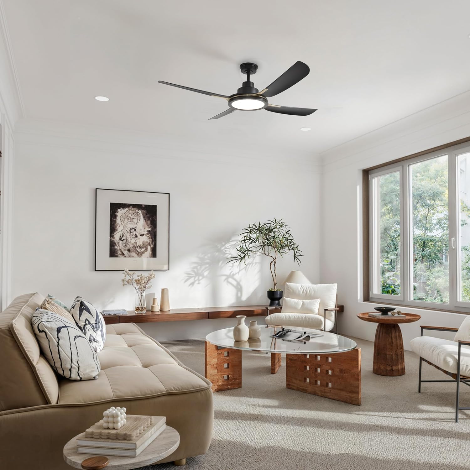 KASTLITE 56-Inch Smart Matte Black Ceiling Fan with Light | 6-CCT LED, 6-Speed App/Remote Control & ABS Blades | Indoor/Outdoor Fixture Powered by Eello | Whisper Quiet | Aged Bronze Flywheel, Sakai
