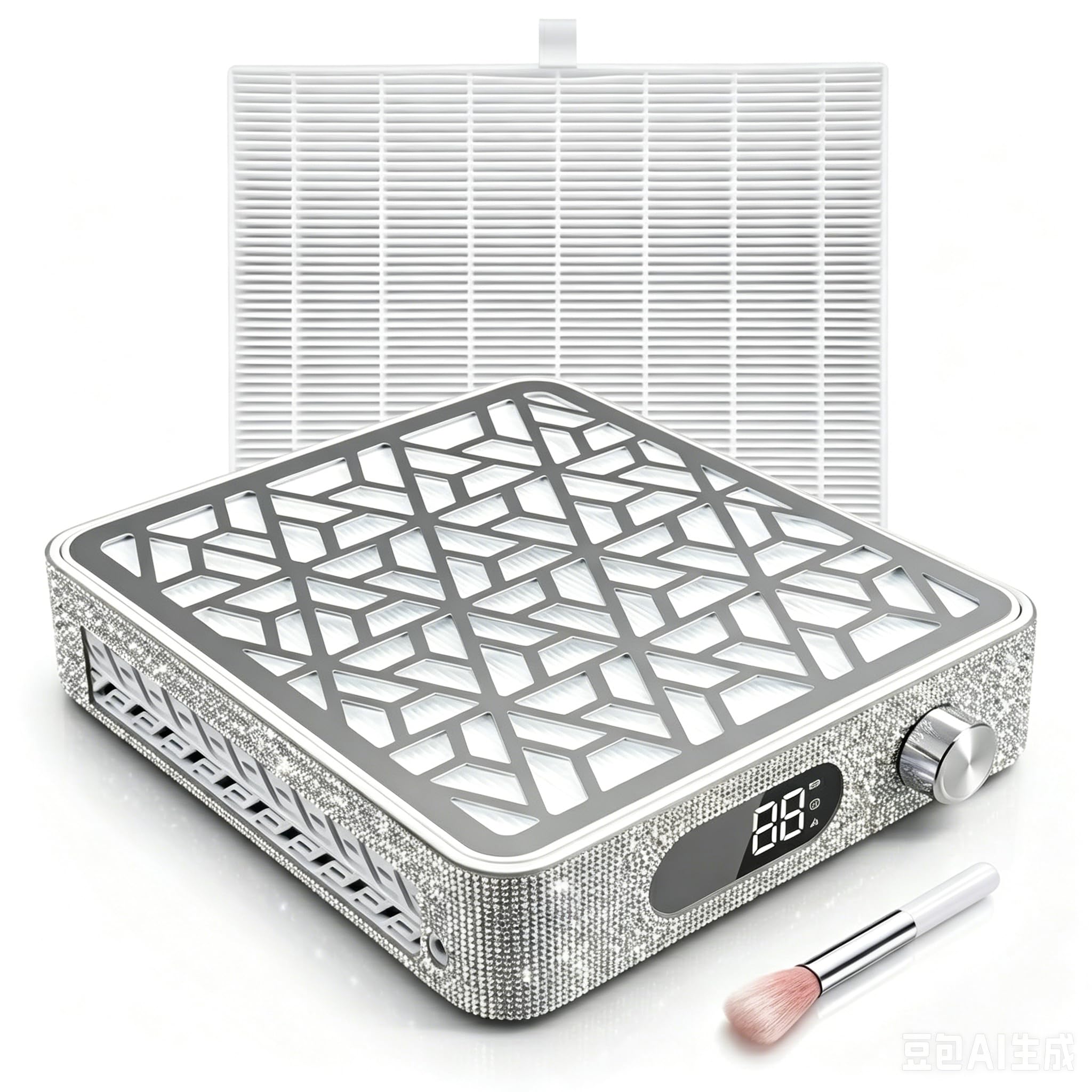 AB Rhinestone Nail Dust Collector Quiet, Powerful 4500RPM Professional Nail Fan for Nail Tech, Iridescent Crystal Nail Vacuum Extractor with Reusable Filter for Acrylic, Gel & Dip Powder, Salon Decor