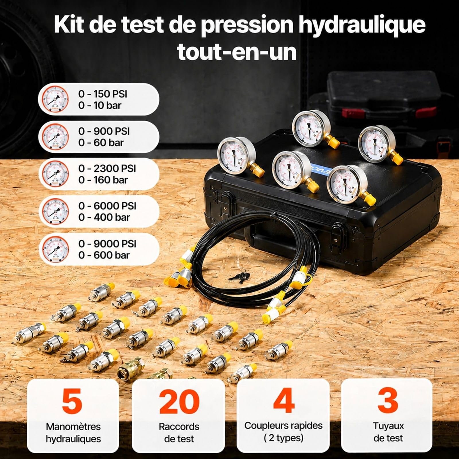 Hydraulik Druckpruefset mit 5 digitalen Manometern, 20 Anschluessen, 4 Schnellkupplungen und 3 Schlaeuchen fuer Bagger und Baumaschinen
