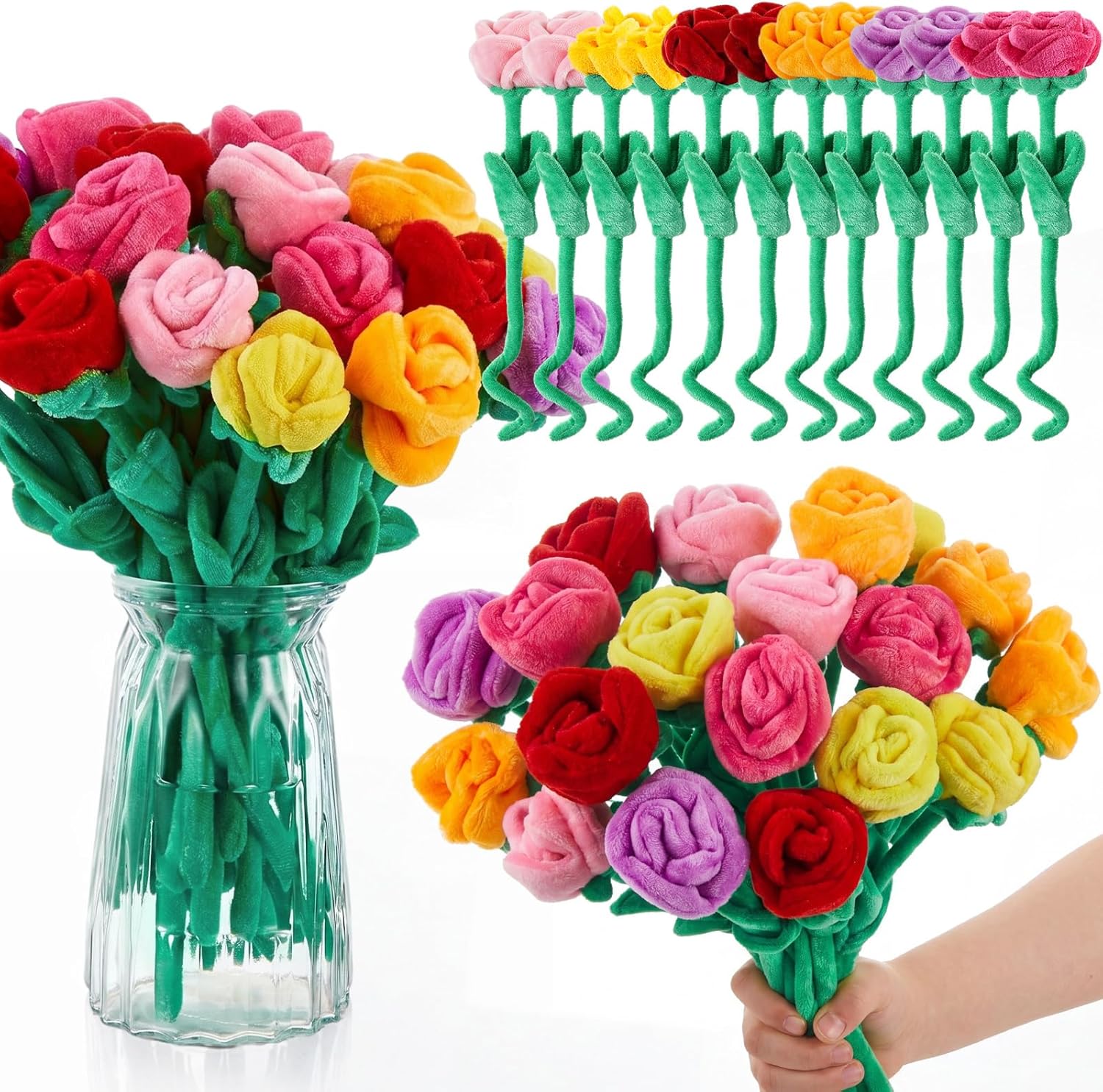 Deekin 12 Pcs Plush Rose Flowers Colorful Stuffed Flower Plush Bouquet Bendable Stems 12.5 Inch Plant Soft Roses for Graduation Wedding Marriage Holiday Women Wife Gift Decoration Supply