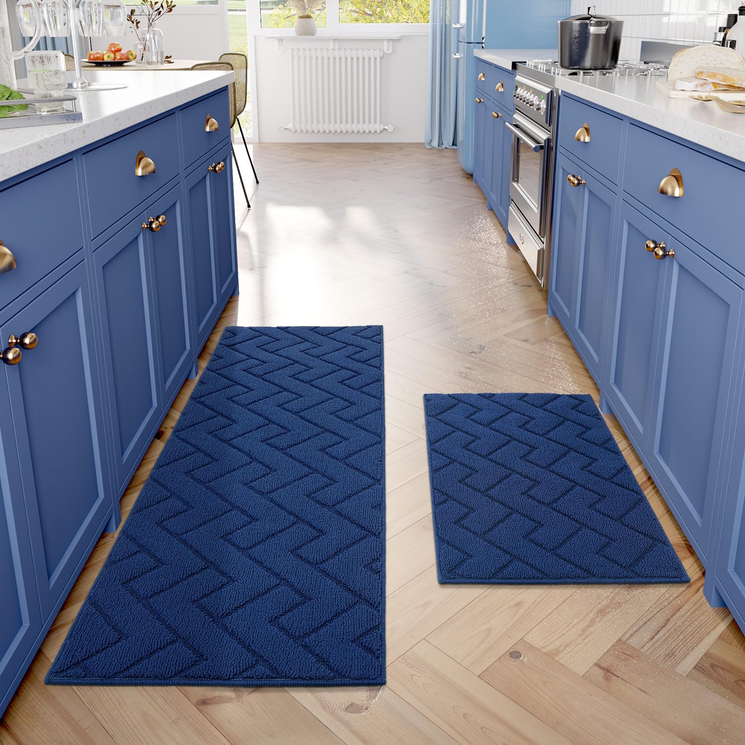hicorfe Kitchen Rugs and Mats Sets,2 Pieces Super Absorbent Polypropylene Non-Slip Rug,Soft Comfort Floor Mat,Washable for Kitchen,Hallway,Office,Sink,Laundry(20" x 31.5"+20" x 48",Navy Blue)