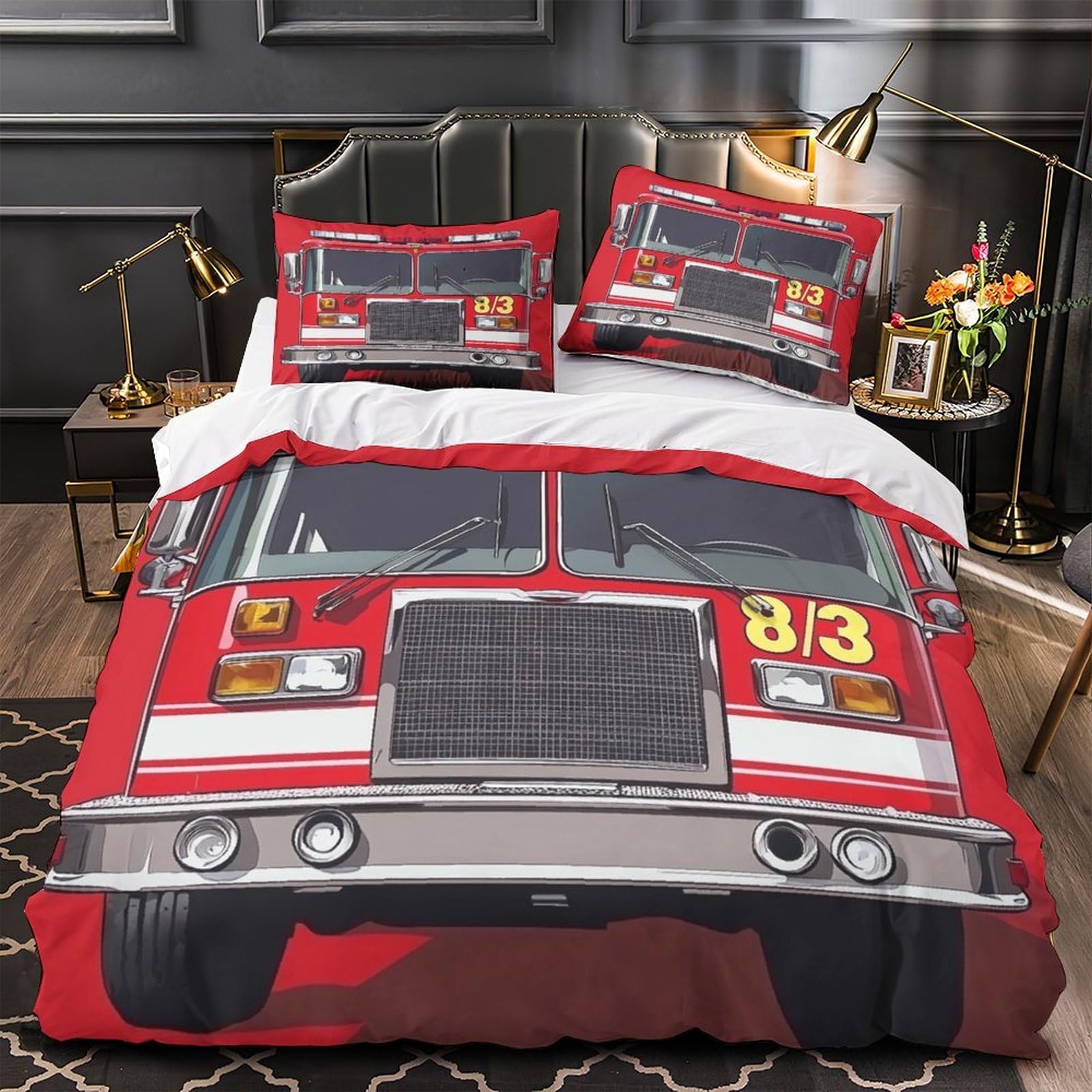 Housse de couette camion de pompiers 3D microfibre lit simple 135x200