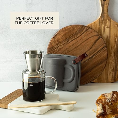Miniatura 4 de Juego de cafetera de vidrio de viaje, 4 piezas (gris)  Filtro de acero inoxidable 182 con tapa  Taza de vidrio de borosilicato sin BPA  Cafetera de