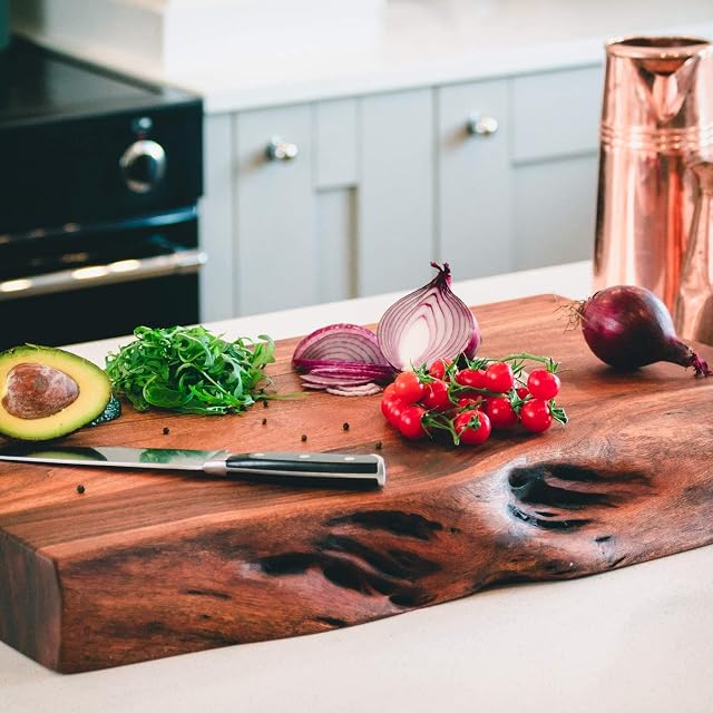 DOWNTON INTERIORS Professional Chef Rustic Style Living Live Edge Large Wood Kitchen Chopping Board (70 cm x 40 cm x 8 cm (H19747)