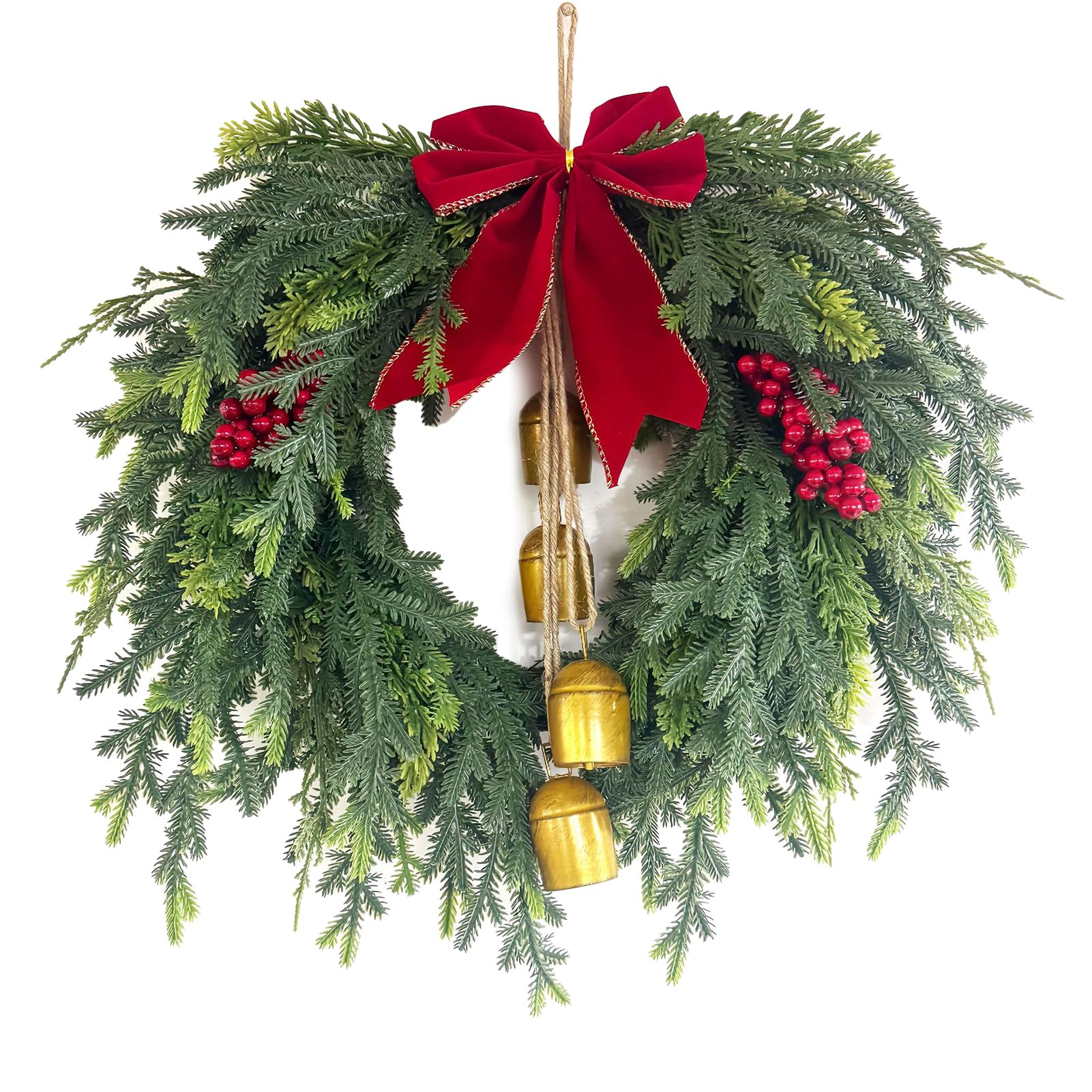 KIXZSAZ Decorative Christmas Wreaths With Bow And Bell 50cm Size Creating Warm Atmosphere For Home Restaurant Cafe Christmas Wreaths For Front Door Pine