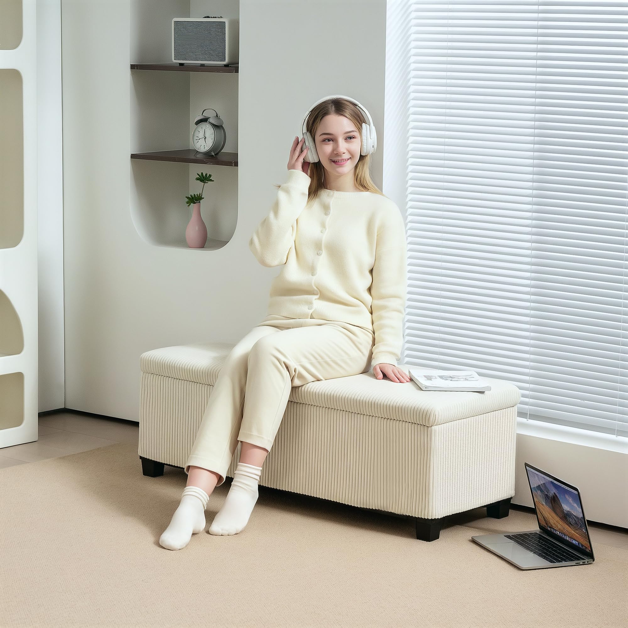 HOMCOM Puff Almacenaje, Banco Almacenaje, Capacidad de 84 L, 112x42x40 cm, Taburete Reposapiés, Tapizado en Pana, Pie de Cama, Carga 220 kg, para Sala de Estar, Dormitorio, Entrada, Beige