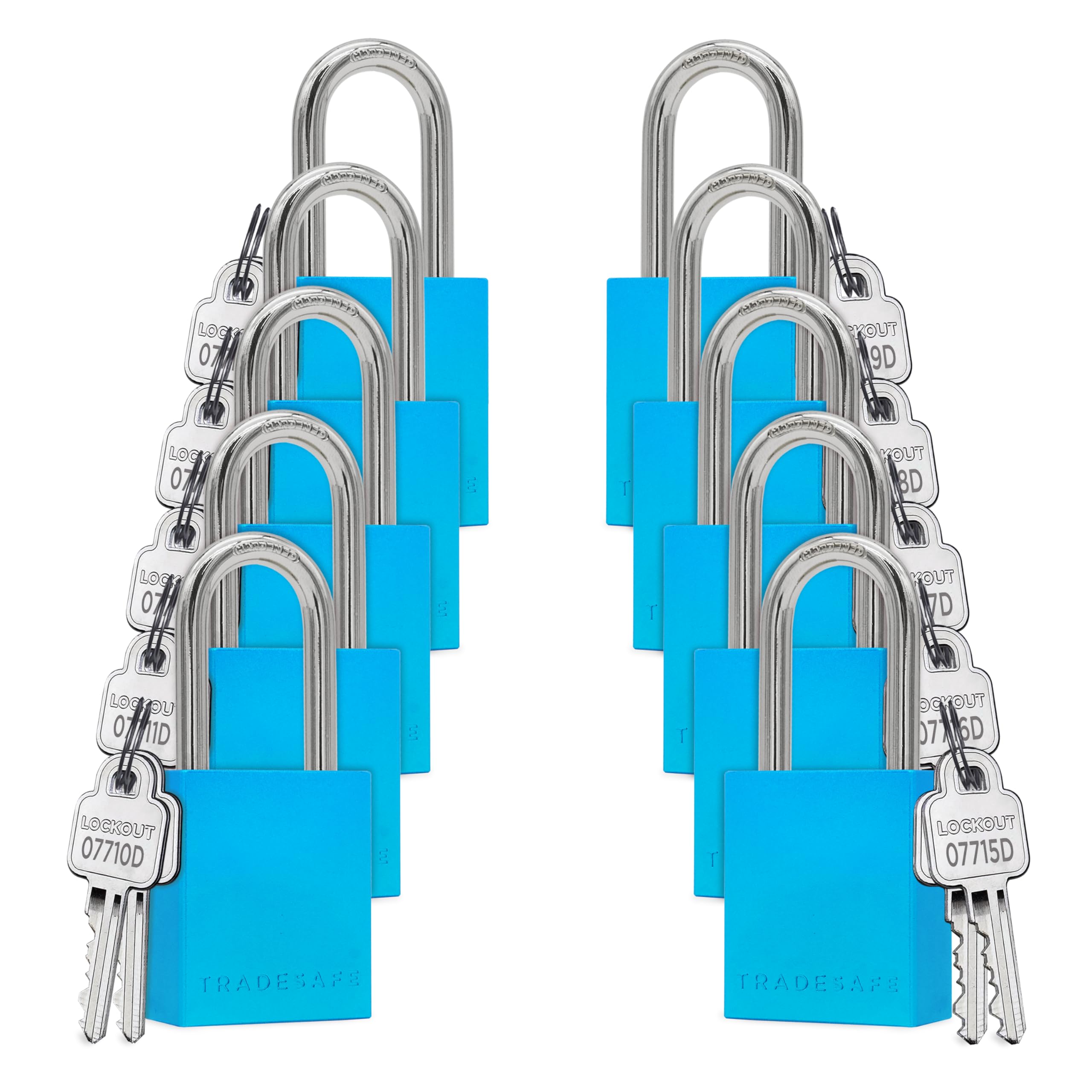 TRADESAFE Juego de cerraduras de bloqueo – 10 cerraduras Loto de aluminio azul, candados con diferentes candados de etiqueta, 2 llaves por candado de bloqueo, cumple con OSHA