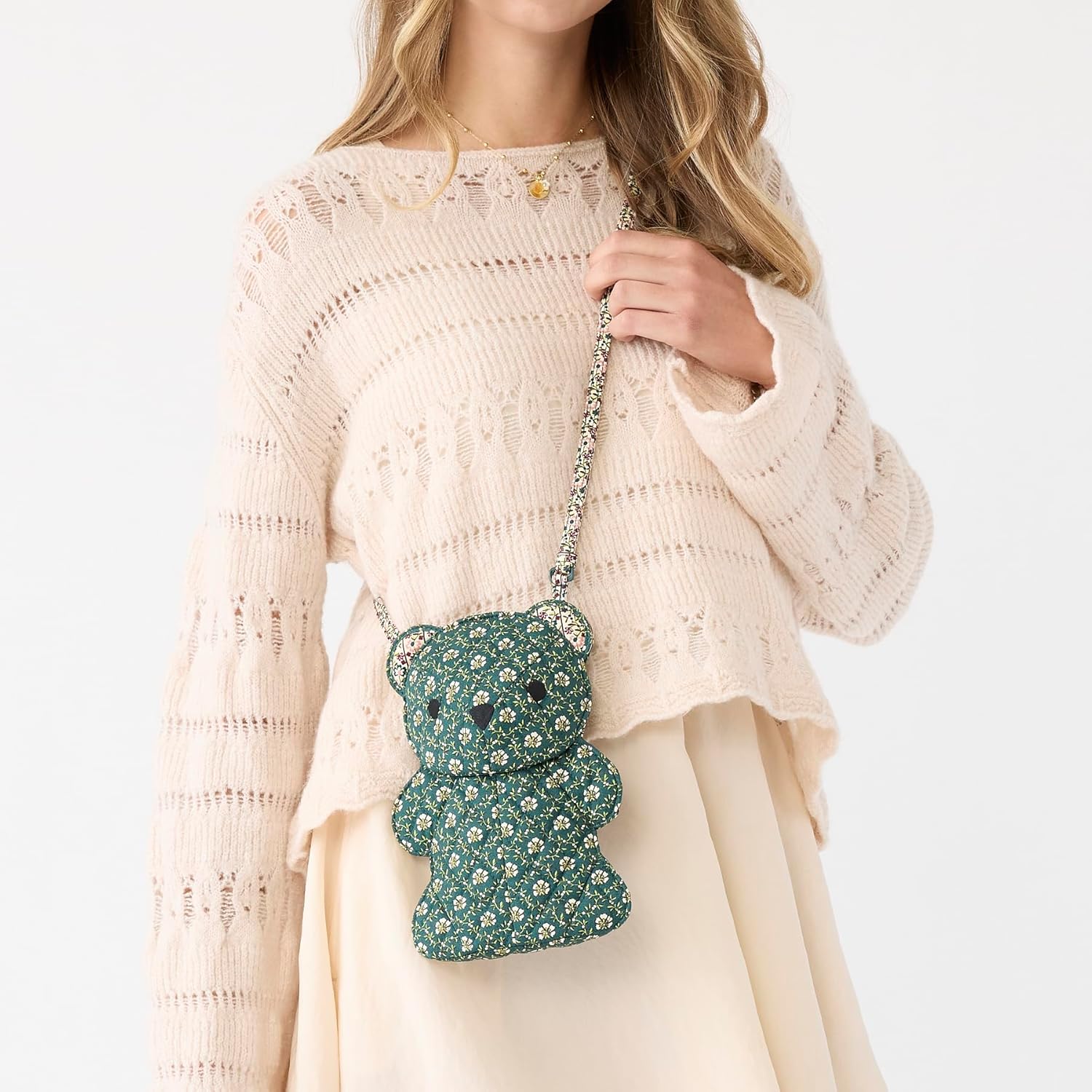 Premium Cotton Classic Bear Crossbody Bag, Mistletoe Lattice, One Size - Image 2