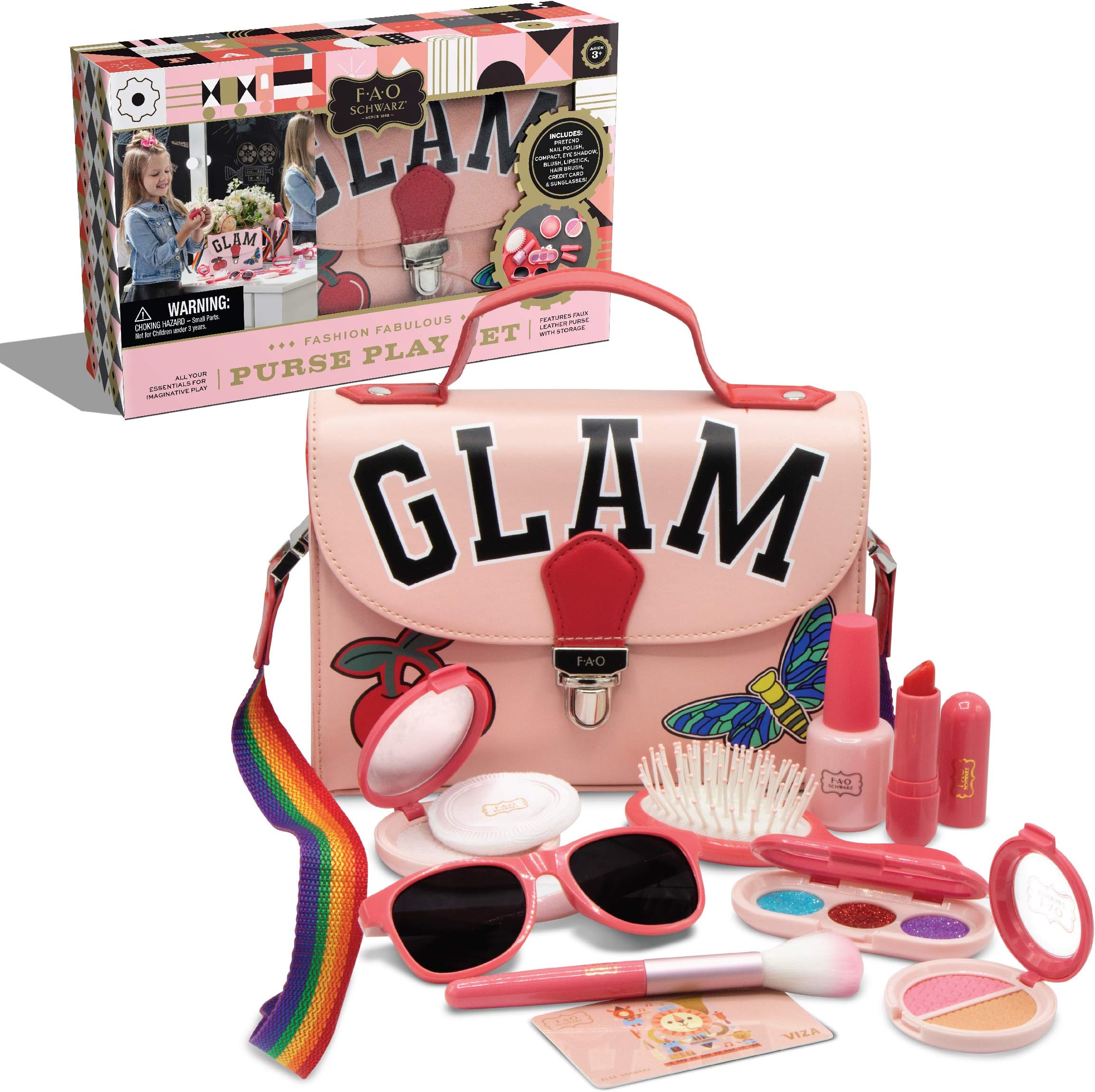 FAO Schwarz Glamour Purse Set, Pretend Play Makeup Kit, Fake Cosmetic for Girls, Includes Lipstick Eye Shadow Hairbrush Nail Polish and Mirror, My First Purse for Girls Ages 3 and Up