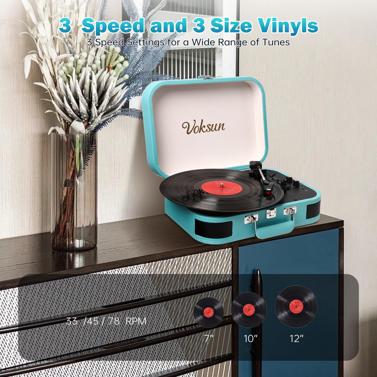 Giradischi Vinile, VOKSUN Giradischi Portatile Vintage con Altoparlanti Incorporati, Bluetooth In/Out Lettore LP Vinile con 3 Velocità, Valigia USB, In AUX, Linea RCA, Jack Cuffie, Auto-Stop (Blu)
