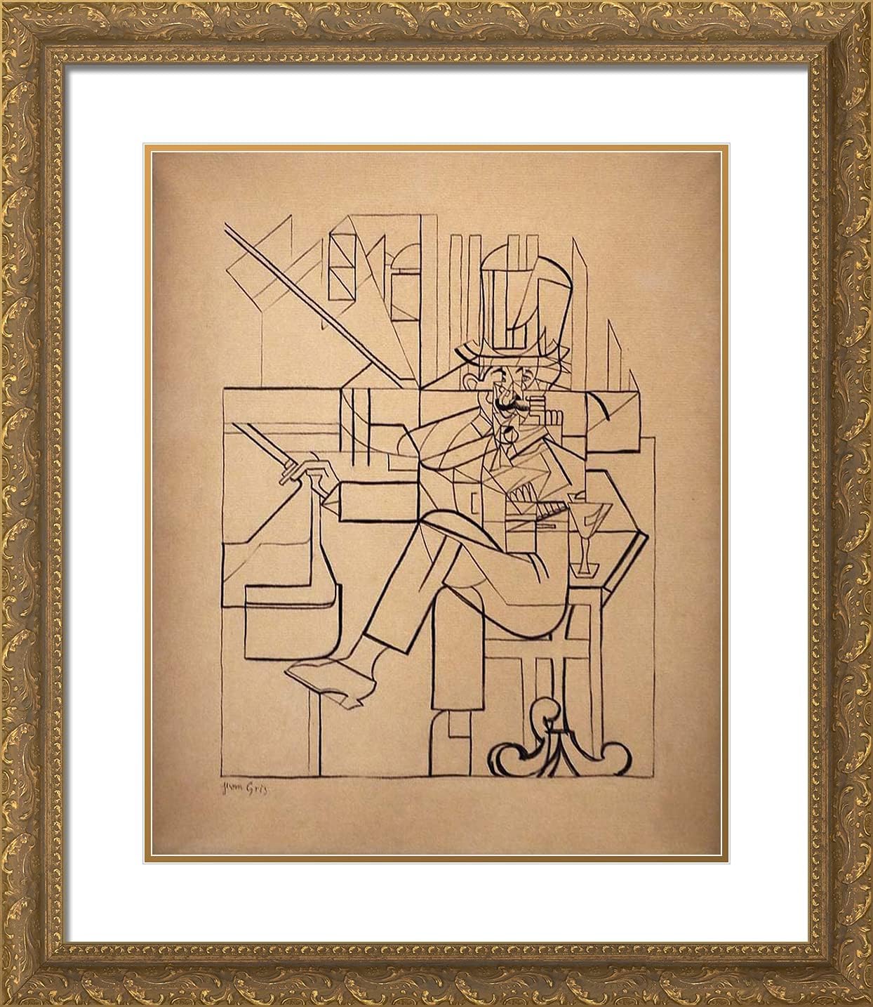 ArtDirect Gris, Juan 20x23 Black Ornate Framed Art Print with Double Matting Titled: The Man at the Cafe ll