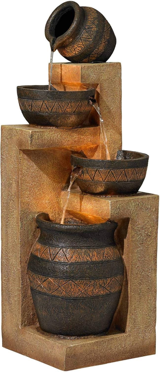 Stoneware Bowl and Jar Rustic Outdoor Floor Water Fountain 46" High with LED Light Cascading for Garden Patio Backyard Deck Home Lawn Porch House Relaxation Exterior Balcony - John Timberland