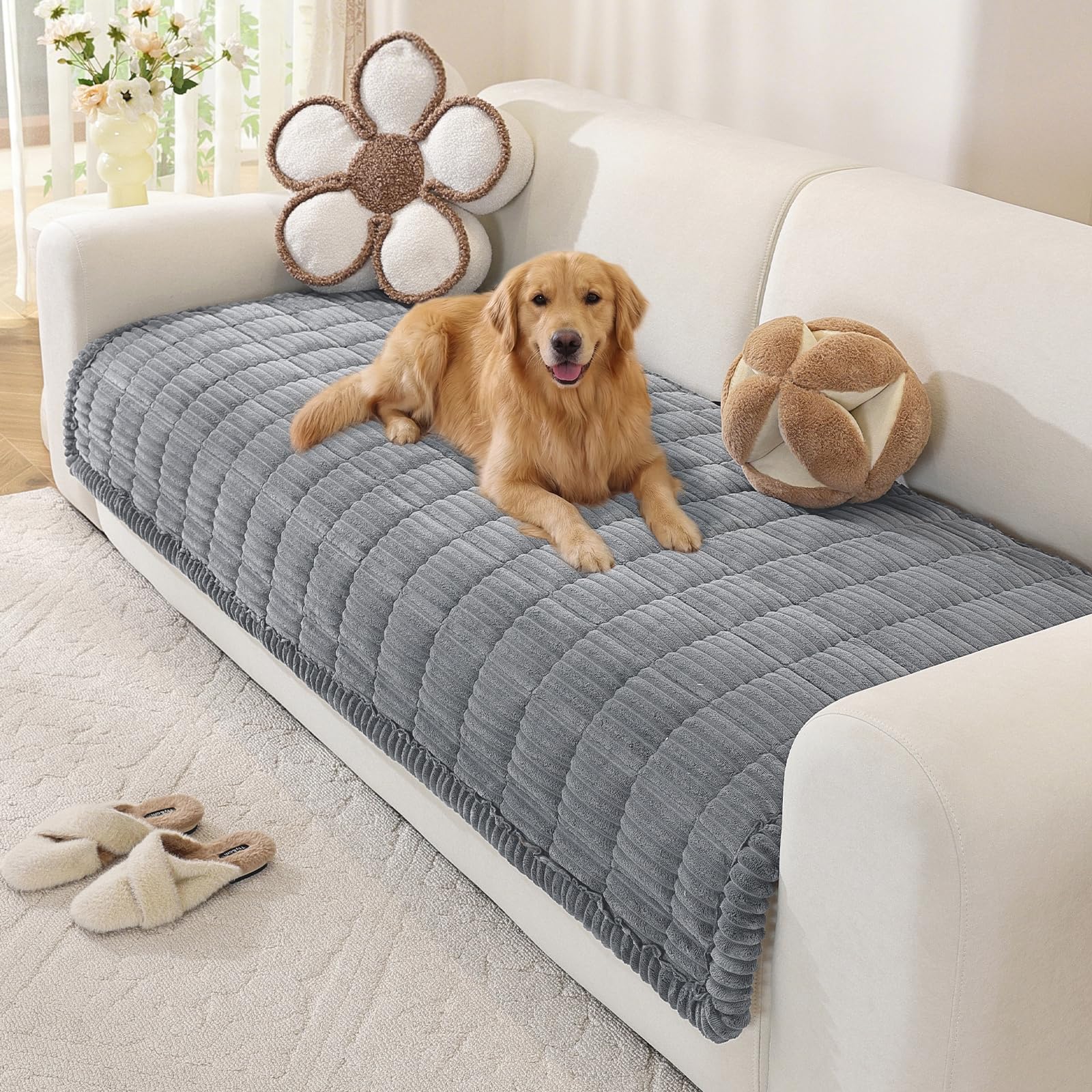 OstepDecor Sofa Covers 2 3 4 Seater, Pet Sofa Cover, Settee Covers, Couch Protectors for Dogs, L-Shaped Corner Couch Cover, Thick Soft Corduroy Fuzzy Pads for Pets and Kids (Grey, 90x210cm)