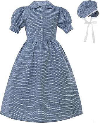 Girls Colonial Pioneer Costume Dress - Prairie Blue Dress With Apron & Hat, Pilgrim Costume For Historical Events