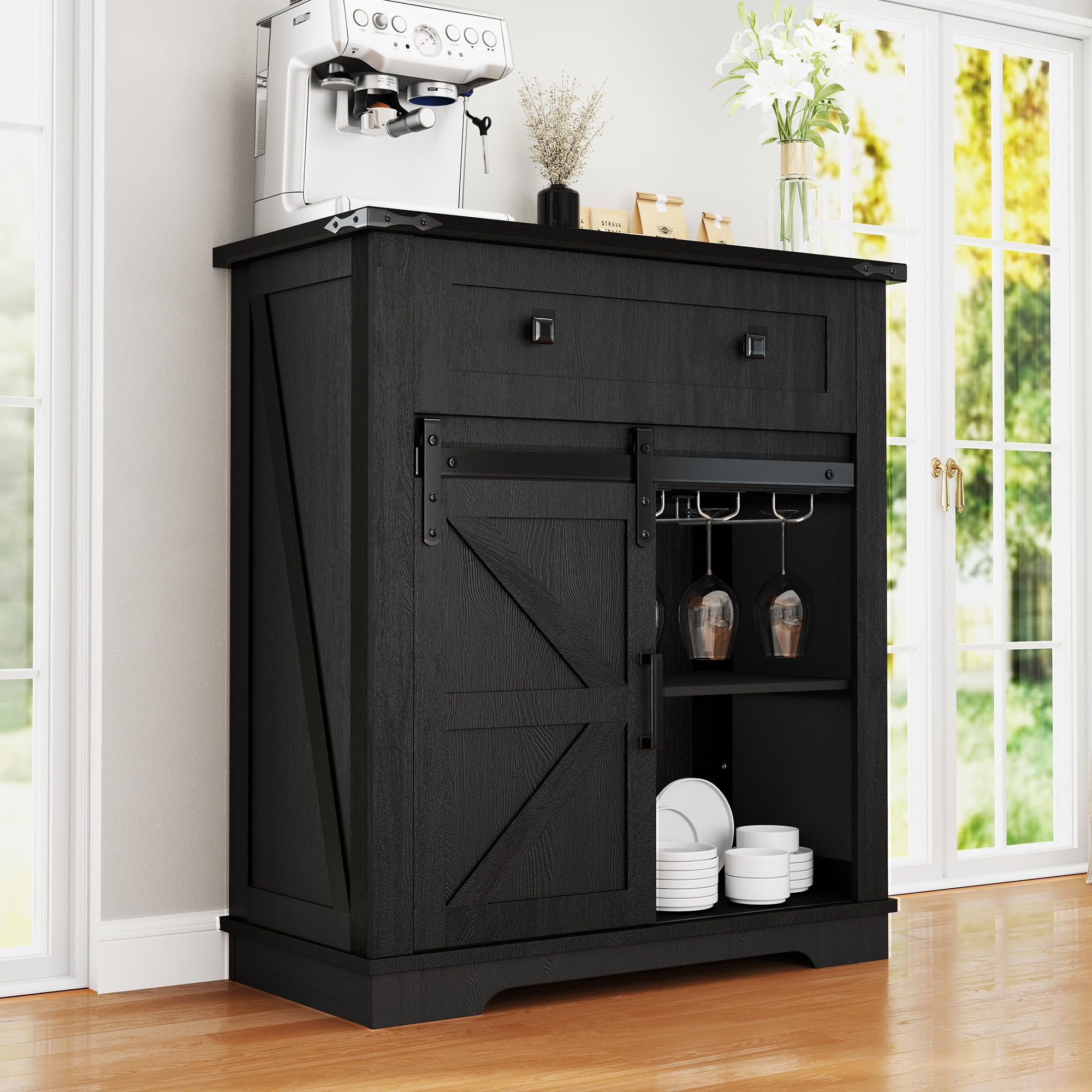 Winlice 32" Farmhouse Coffee Bar Cabinet with Sliding Barn Door & Drawers, Buffet Table with Storage, Kitchen Sideboard Storage Cabinet with Wine