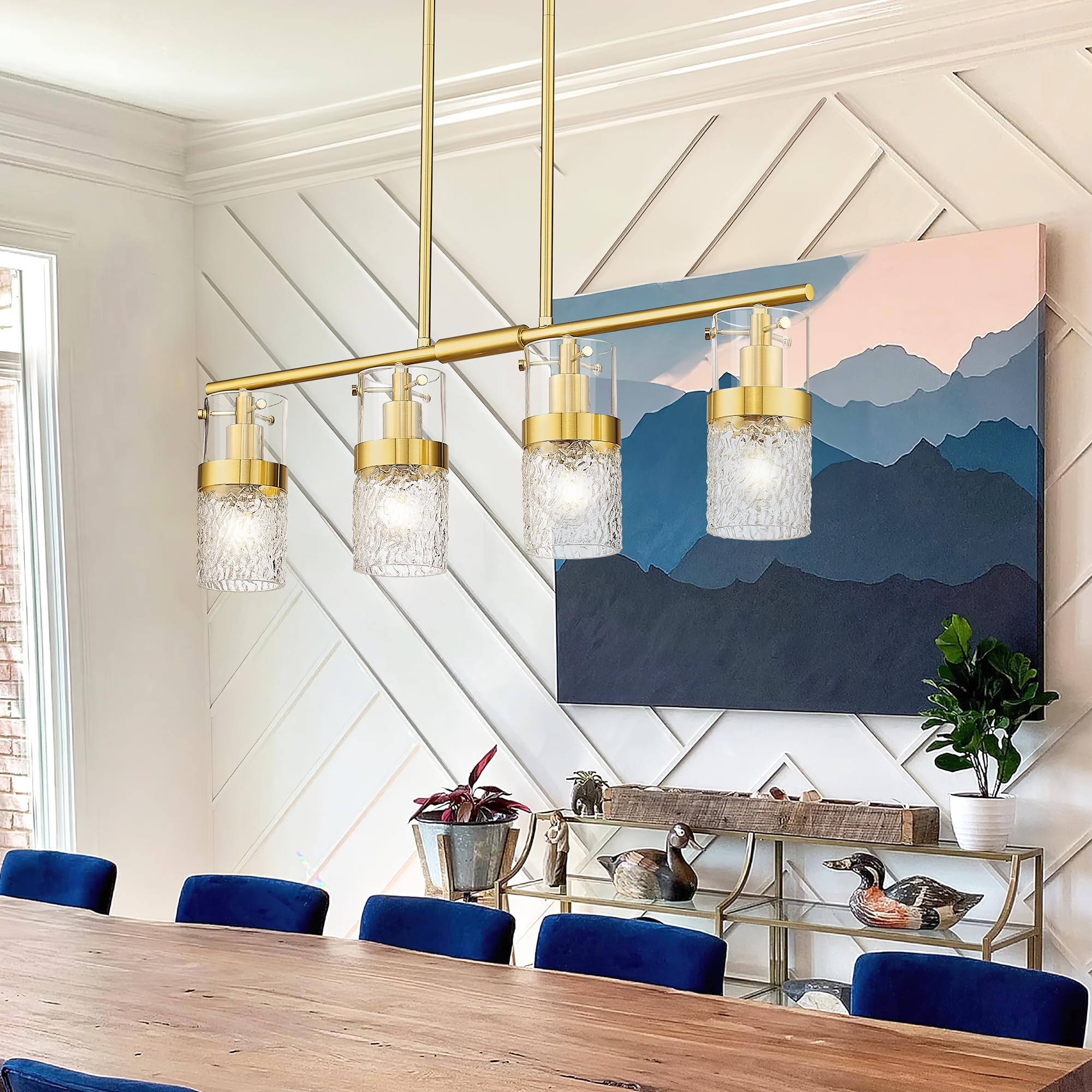 LMS 4-Light Brushed Gold Island Chandelier Lights for Kitchen, Mid Century Pendant Light with Hammered Glass Shade, Farmhouse Dining Room Light Fixture, Kitchen Island, LMS-171GD-4