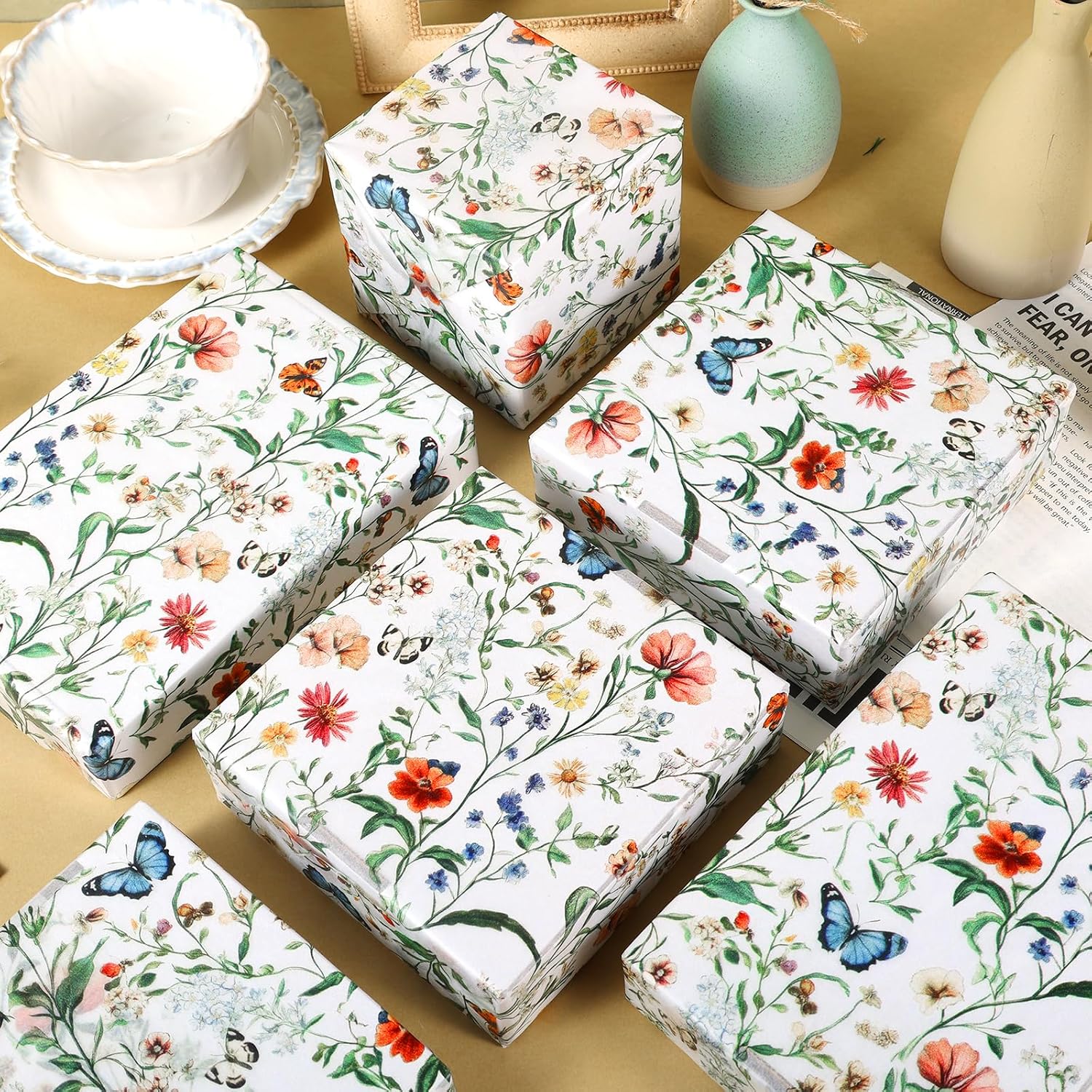 100 Sheets Wildflower Butterfly Tissue Paper, Vintage Wildflower Seamless Spring Wildflowers Pattern Gift Wrapping Paper for Birthday Wedding Baby Shower Supplies, 13.8 x 19.7 Inch