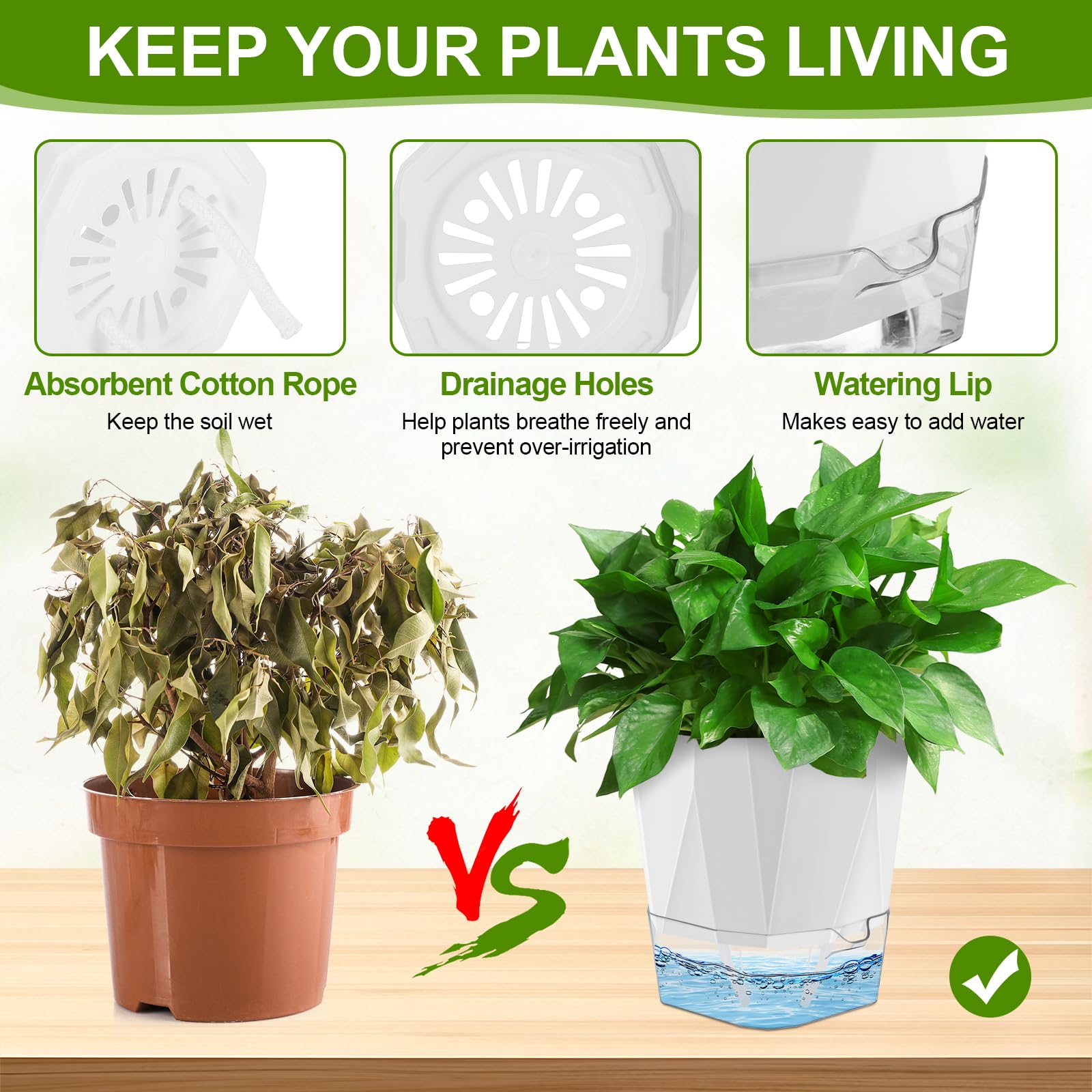 Yimomoyi 6 Pack Self Watering Plant Pots Indoor, 17CM House Plant Pot, White Plant Pots Indoor - Image 3