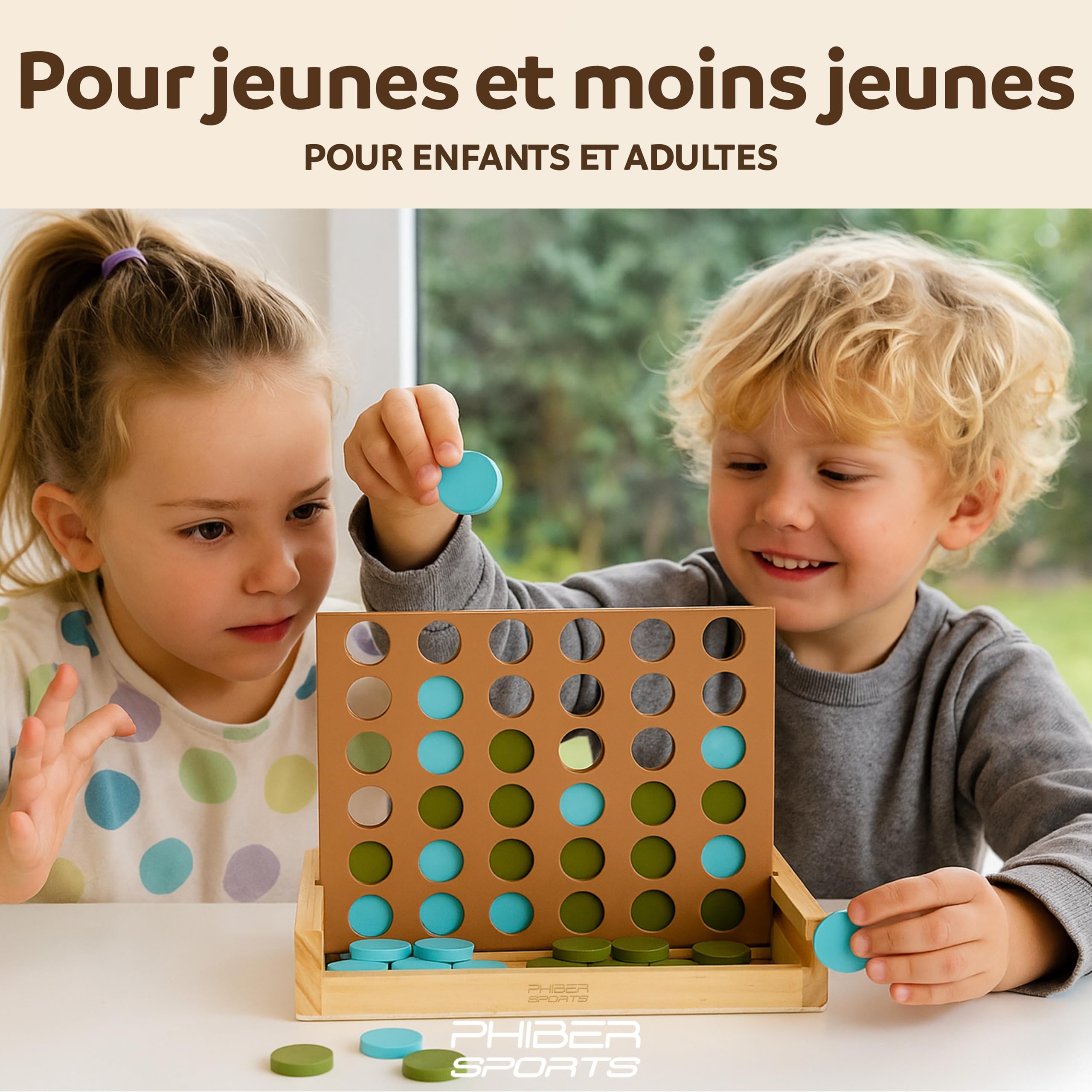 PHIBER-SPORTS Jeux en Bois 4-en-1 : Quatre-en-Ligne, Morpion, Mikado & Tour Instable – Collection Jeux Classiques Bois – Idée Cadeau Enfants & Adultes – Durable, Écologique & sans Plastique