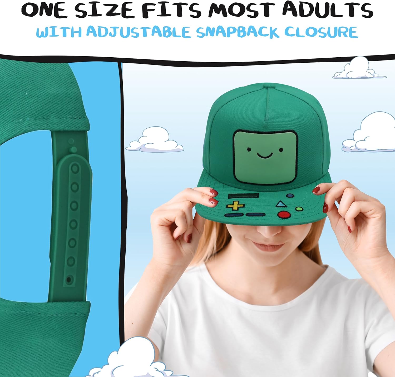 Adventure Time BMO Baseball Cap, Adult Flat Brim Snapback Hat, Adjustable, Turquoise, One Size