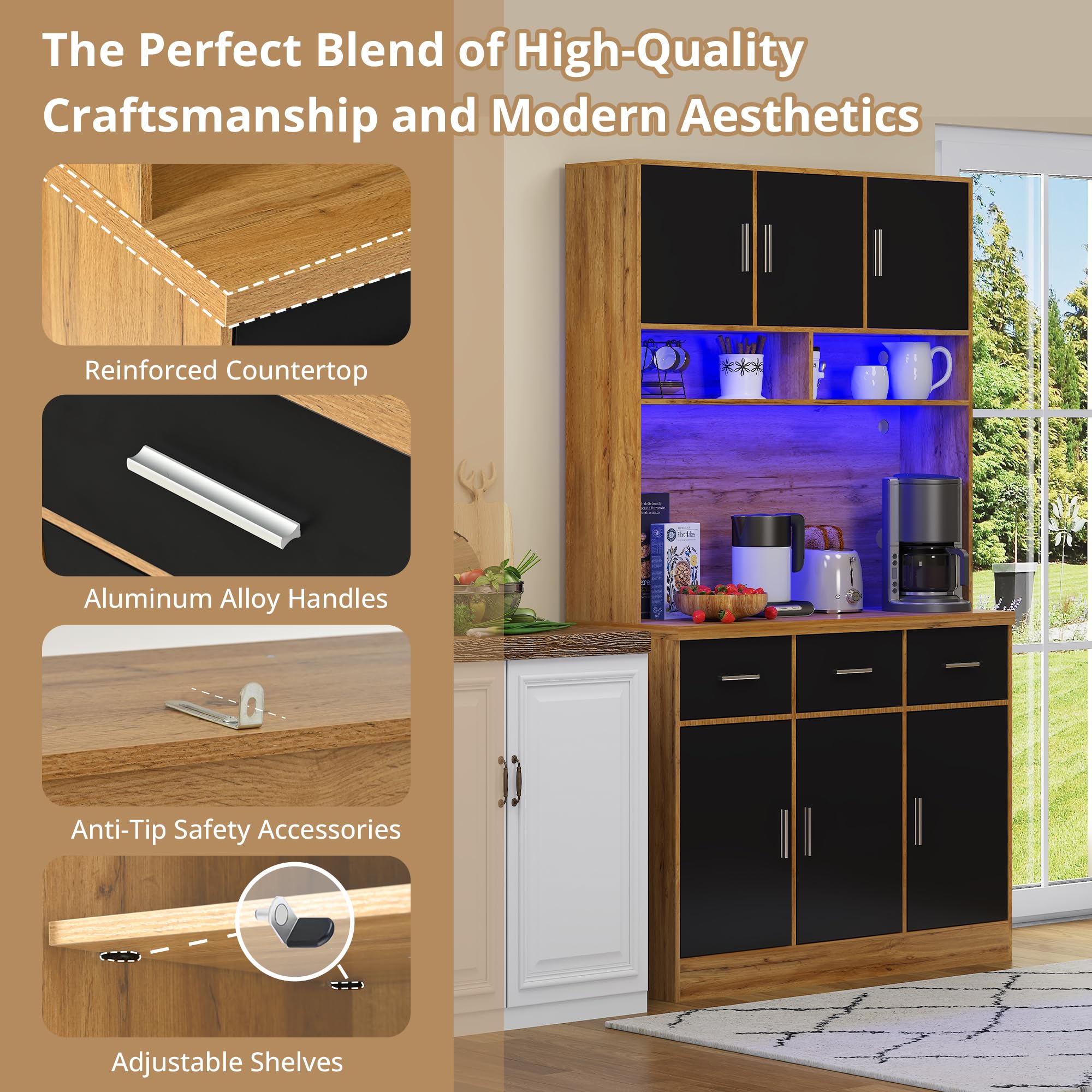 Armadio buffet, 100 x 40 x 180 cm, buffet con illuminazione a LED con telecomando, cassetti, ripiani regolabili, fori di gestione dei cavi e prese, per cucine e sala da pranzo (colore legno)