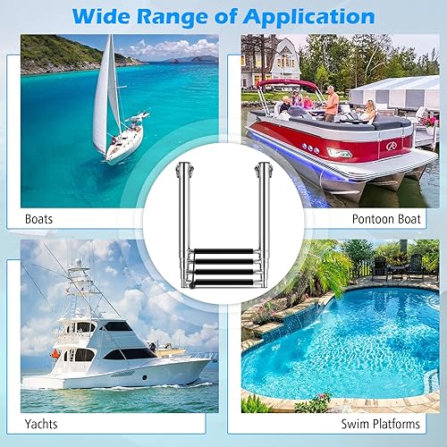 Miniatura 6 de Goplus Escalera telescópica para barco de 4 escalones, escalera plegable de acero inoxidable con escalones antideslizantes, escalera de muelle