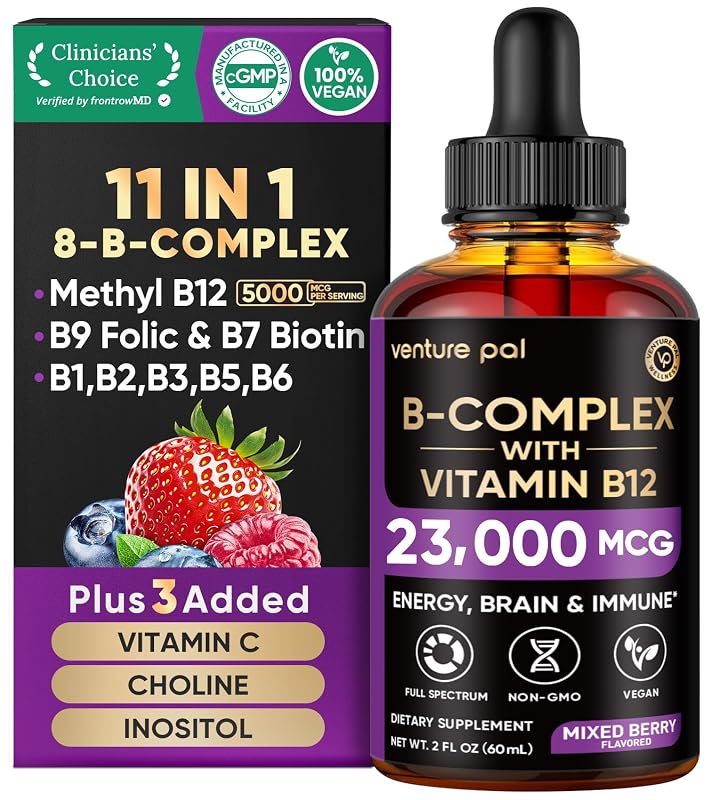Venture Pal Complexo B líquido com vitaminas B12, B9, B7, B1, B2, B3, B5 e B6, vitamina C, colina e inositol, 23000 mcg, 60 mL