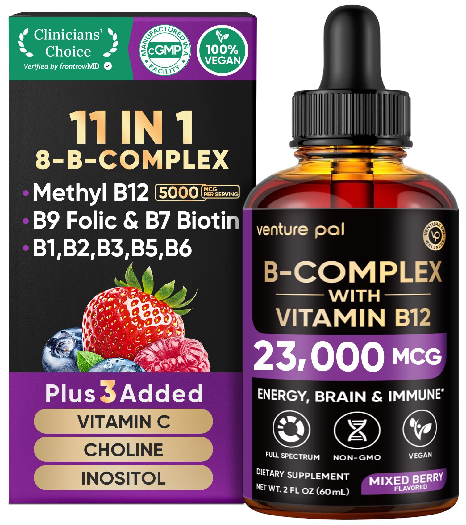 Venture Pal Vitamin B Complex Liquid Drops, B12 Methylcobalamin | B9 Folic | B1,B2,B3,B5,B6,B7 - Vitamin C, Choline, Inositol, Immune & Energy Metabolism, Brain & Heart Support