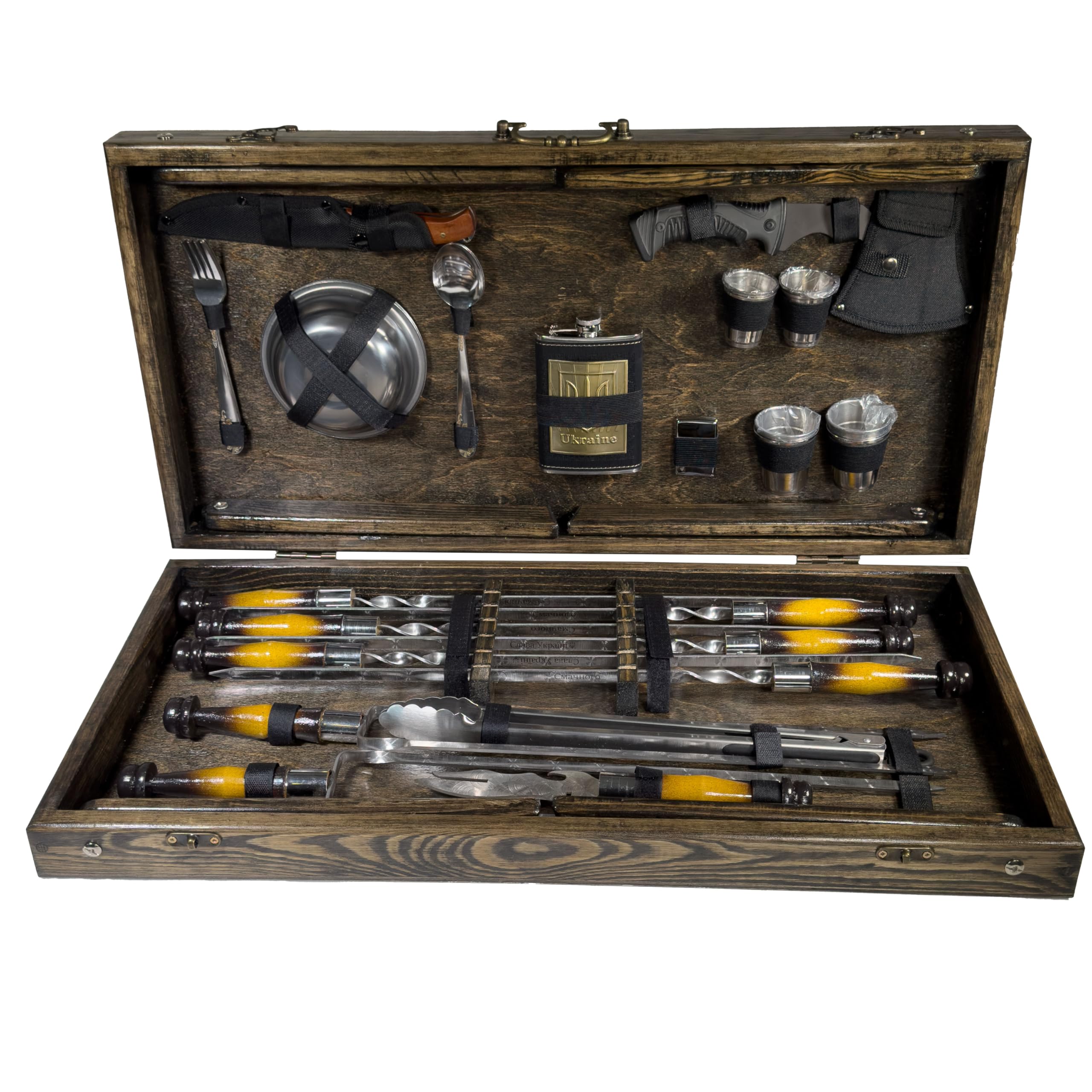 BBQ Grill Geschenkset im Holzkoffer mit Tischfunktion & ukrainischer Symbolik – Premium Grillzubehör für Männer - Geschenk Flasche – Outdoor Grillset für Camping & Garten