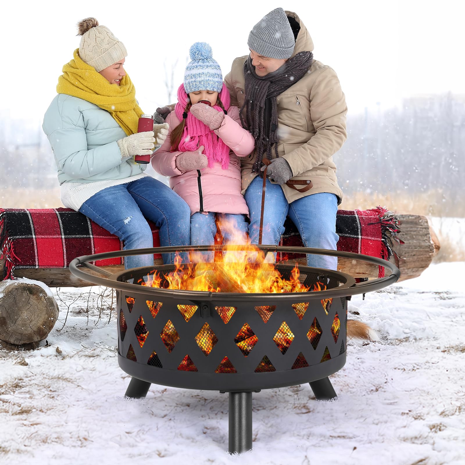 TLSUNNY Feuerschale mit Drehbarem Grillrost, Feuerschalen für den Garten | Ø 76cm Feuerkorb mit Funkenschutz und Schürhaken, 3PCS Beine, Multifunktional BBQ Feuerstelle Outdoor, Zum Grillen und Heizen