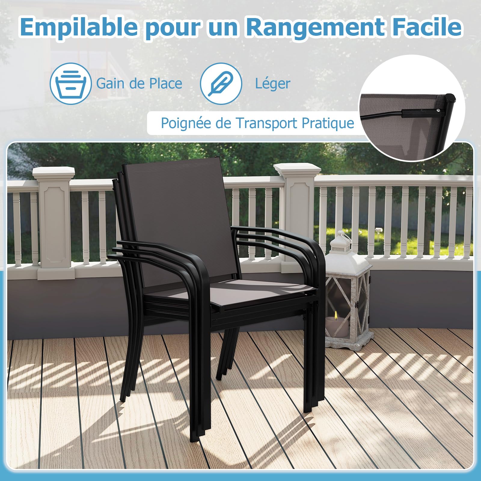 COSTWAY Lot de 2/4 Chaises de Jardin Exterieur Empilable, Chaise de Salle à Manger, Tissu Respirant, Dossier Haut, Cadre en Métal, Fauteuil Exterieur pour Jardin Terrasse Balcon, Charge 150 kg (4)
