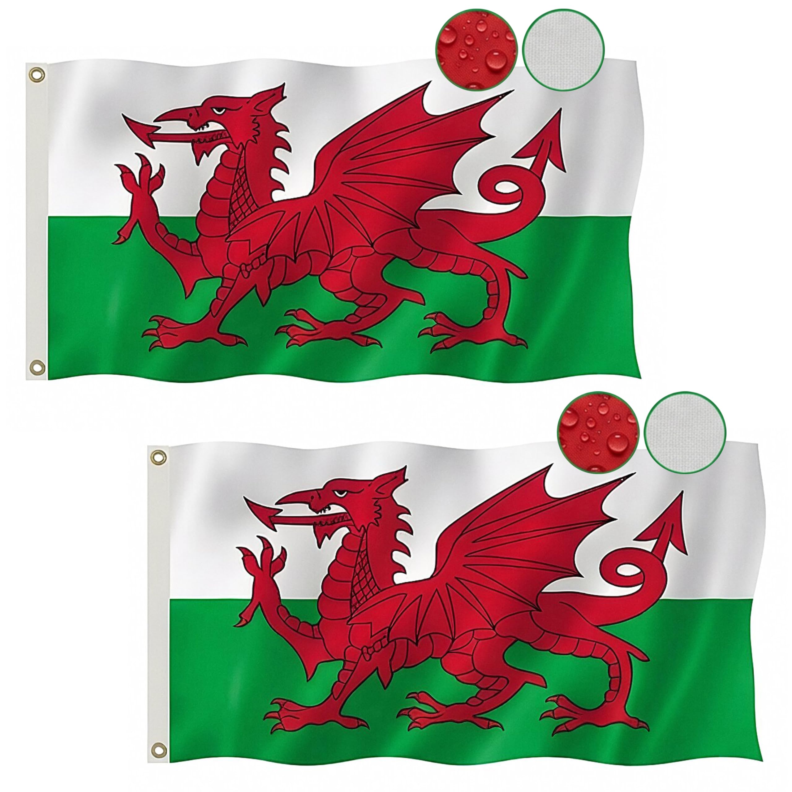 2PCS Welsh Flag 5ft x 3ft for St.David's Day Decorations, Large Wales Flags Double Stitched with Brass Eyelets for Sports Events and Parties