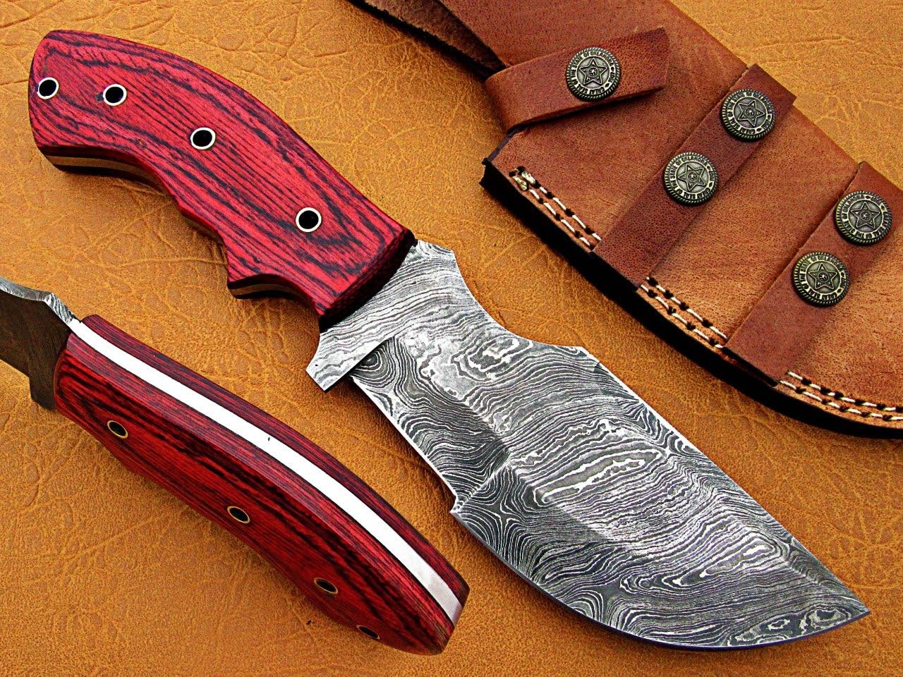 9.5" Long Damascus Steel Tracker Knife Hand Forged Twist Pattern Full Tang, Natural Rose Wood Scale with Scale, Cow Hide Leather Sheath with Belt Loop