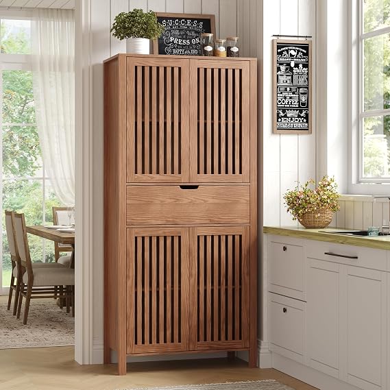 69 Tall Kitchen Pantry Cabinet with Louvered Doors, Farmhouse Storage Cabinet with Drawer and Adjustable Shelves, 4-Tier Wood Cabinet for Kitchen, Dining Room, Laundry, Home Office, Brown