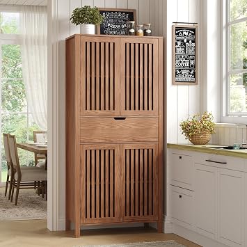 69 Tall Kitchen Pantry Cabinet with Louvered Doors, Farmhouse Storage Cabinet with Drawer and Adjustable Shelves, 4-Tier Wood Cabinet for Kitchen, Dining Room, Laundry, Home Office, Brown