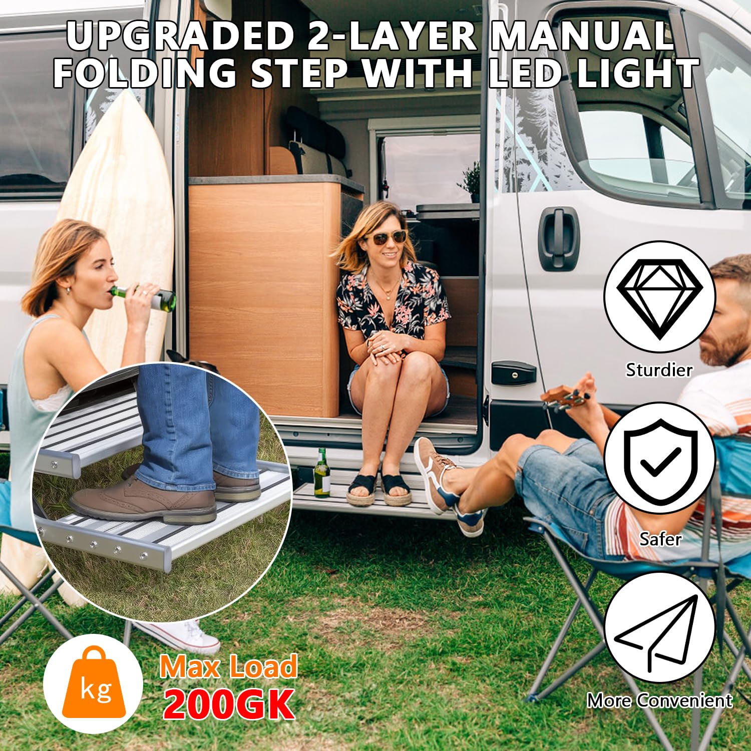 Escalones manuales para Autocaravana 2 peldaños retráctiles con luz LED | de aluminio, plegables, peldaños individuales con cremallera para autocaravanas, autocaravanas remolques de viaje y caravanas