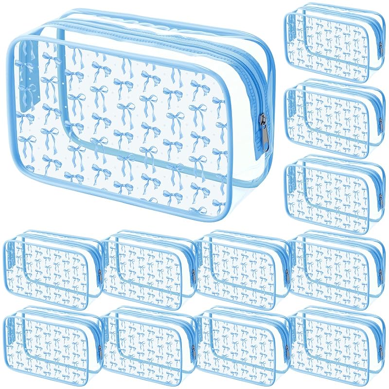 Kacctyen Kit com 12 necessaires transparentes de PVC com zíper, estampa de laços azuis, 18 x 12 cm