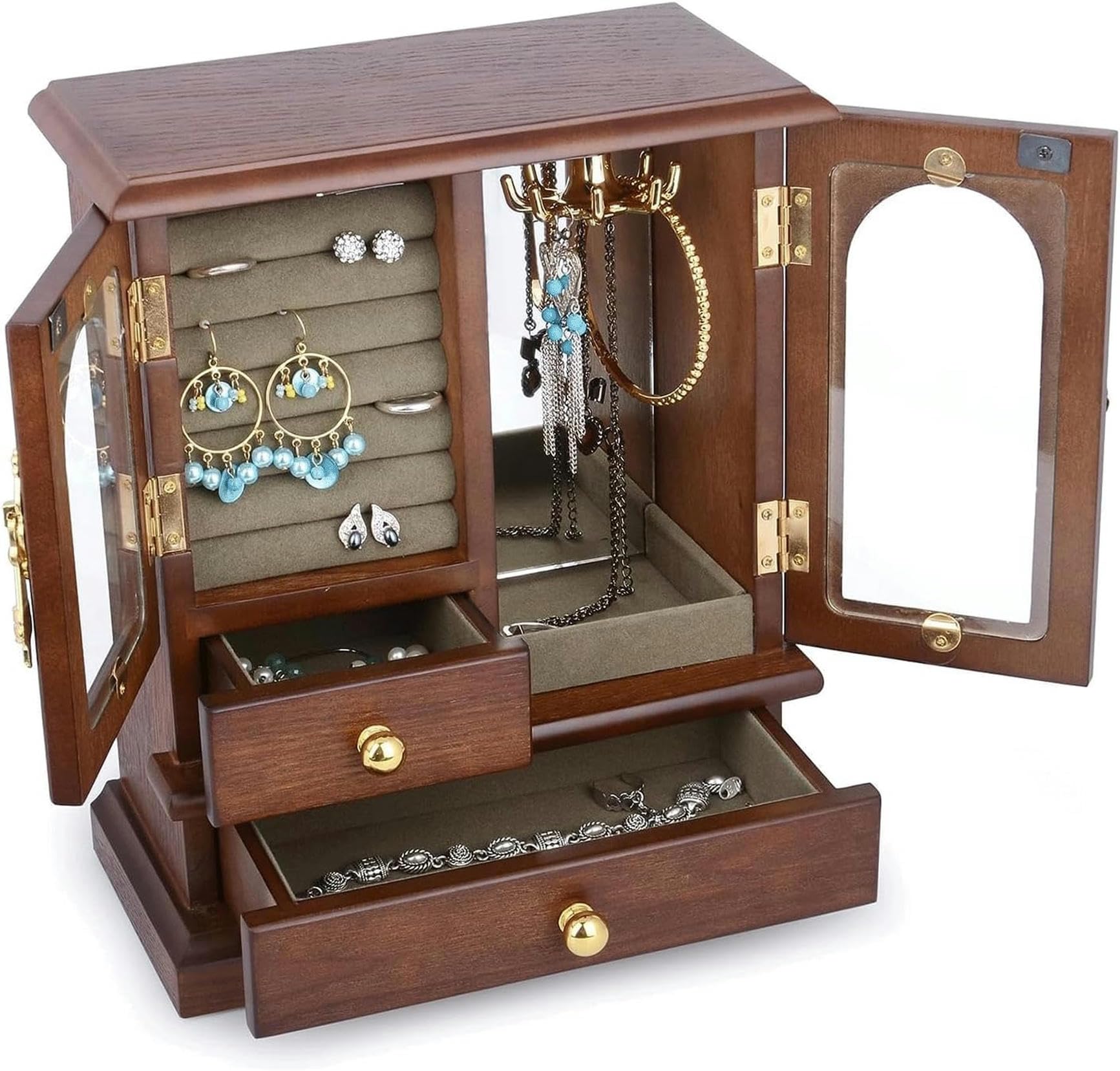 OZBMA Solid Wooden Jewelry Box Large Capacity Case Luxury Organizer with Mirror Storage Box~/