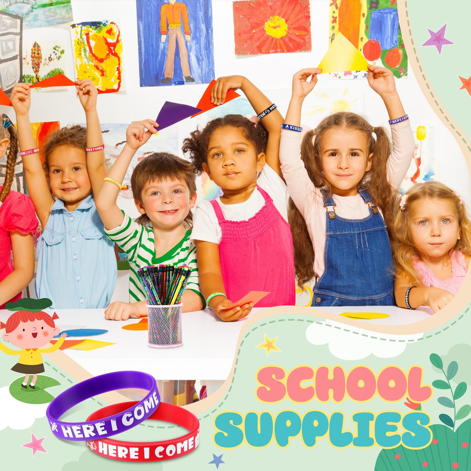 Spakon 24 Sets Kindergarten Here I Come Pencils Bracelets Set, Kindergarten Pencils Wristbands Gifts for Kids Classroom, 100 Days of School Prizes, Back to School Student Rewards Goodie Bag Fillers