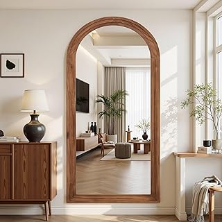 Antok Floor Mirror, 81"×41" Wood Full Length Mirror Wooden Full Body Mirror with Stand, Hanging Mounted for Living Room Cloakroom, Brown, Arched Style