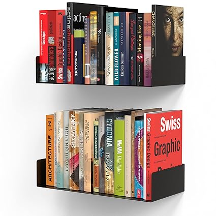 APPUCOCO Heavy Duty Wall Mount Metal U Shape Shelf Book CD DVD Storage Display for Home, Set of 2 (Black)