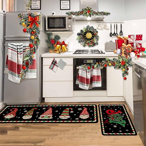 Miniatura 7 de Eikunn Juego de 2 alfombras de cocina de Navidad, gnomos negros, tapete de cocina para el piso, Navidad, invierno, vacaciones, antideslizante,